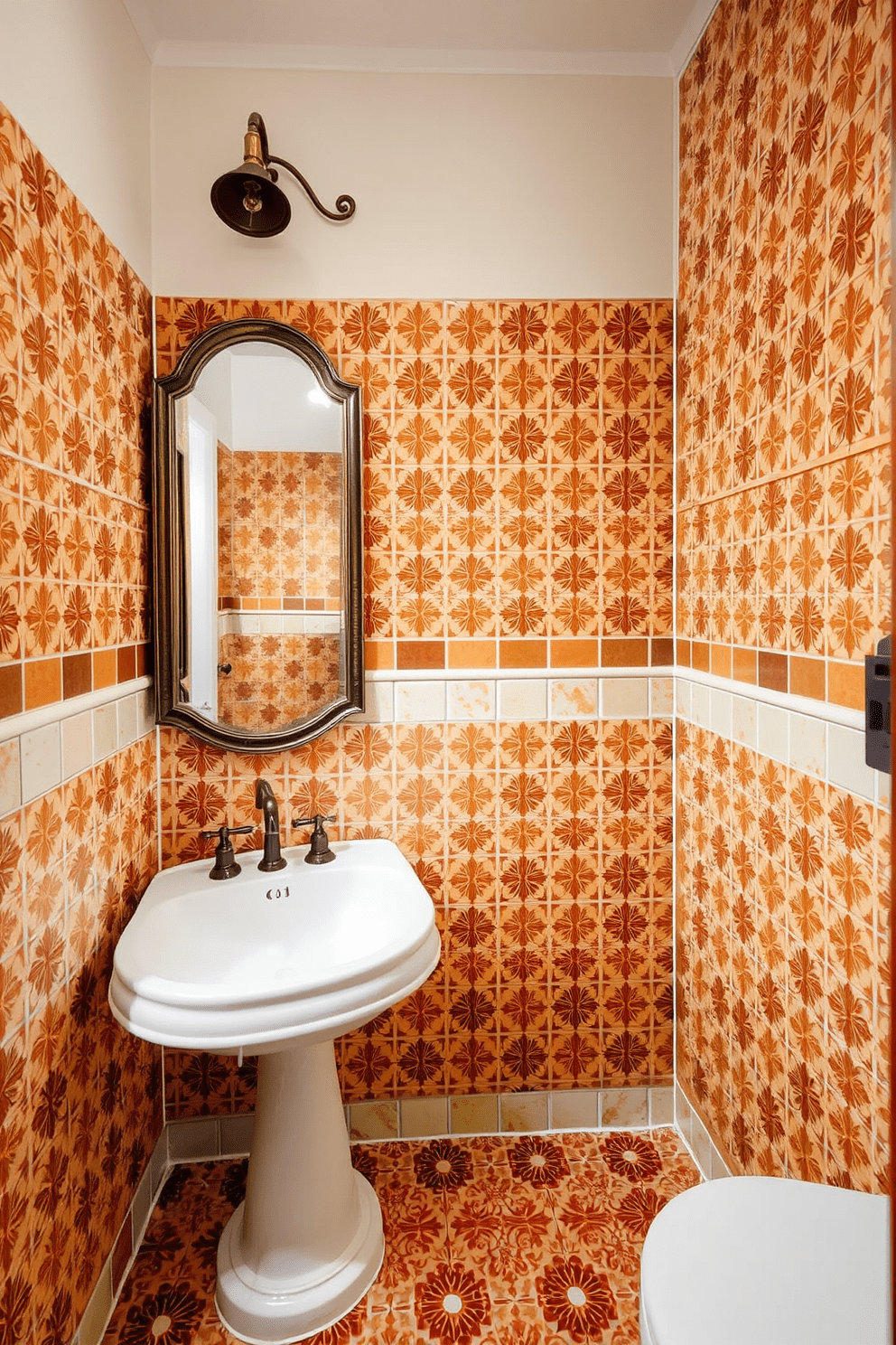 A cozy quarter bathroom featuring vintage-inspired tiles with intricate patterns in warm earth tones. The walls are adorned with these retro tiles, creating a charming and nostalgic atmosphere. A classic pedestal sink is positioned against one wall, complemented by a stylish vintage mirror above it. Soft lighting fixtures with an antique finish provide a warm glow, enhancing the inviting ambiance of the space.