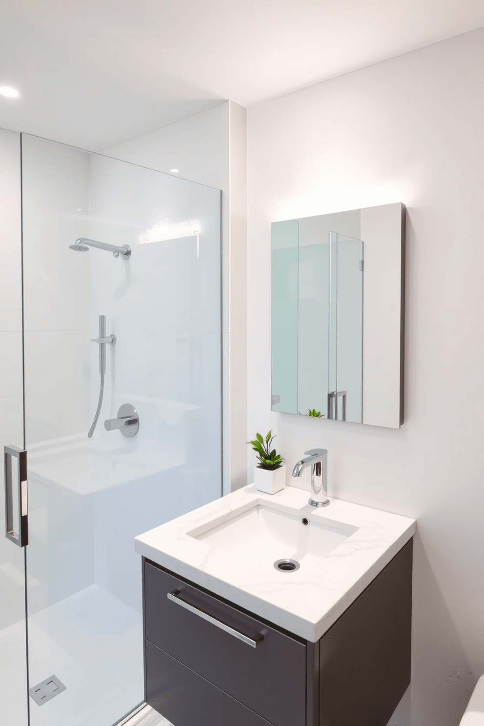 A sleek modern quarter bathroom features polished chrome fixtures and a floating vanity with a minimalist design. The walls are adorned with large format white tiles, and a frameless glass shower enclosure enhances the spacious feel. The countertop is made of quartz with subtle veining, complementing the clean lines of the cabinetry. A backlit mirror provides soft illumination, while a small potted plant adds a touch of greenery to the space.