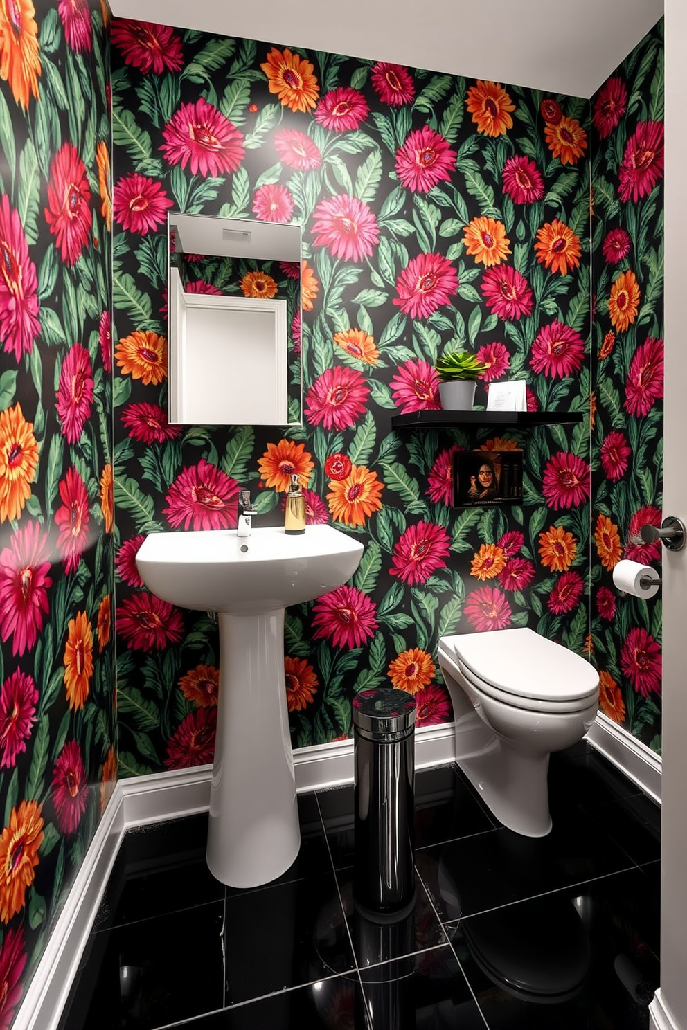 A quarter bathroom featuring bold wallpaper with vibrant floral patterns that instantly draws attention. The space includes a sleek pedestal sink with a modern faucet and a compact mirror above, enhancing the room's stylish appeal. The flooring consists of glossy black tiles that contrast beautifully with the lively wallpaper. A small potted plant sits on a floating shelf, adding a touch of greenery to the vibrant design.