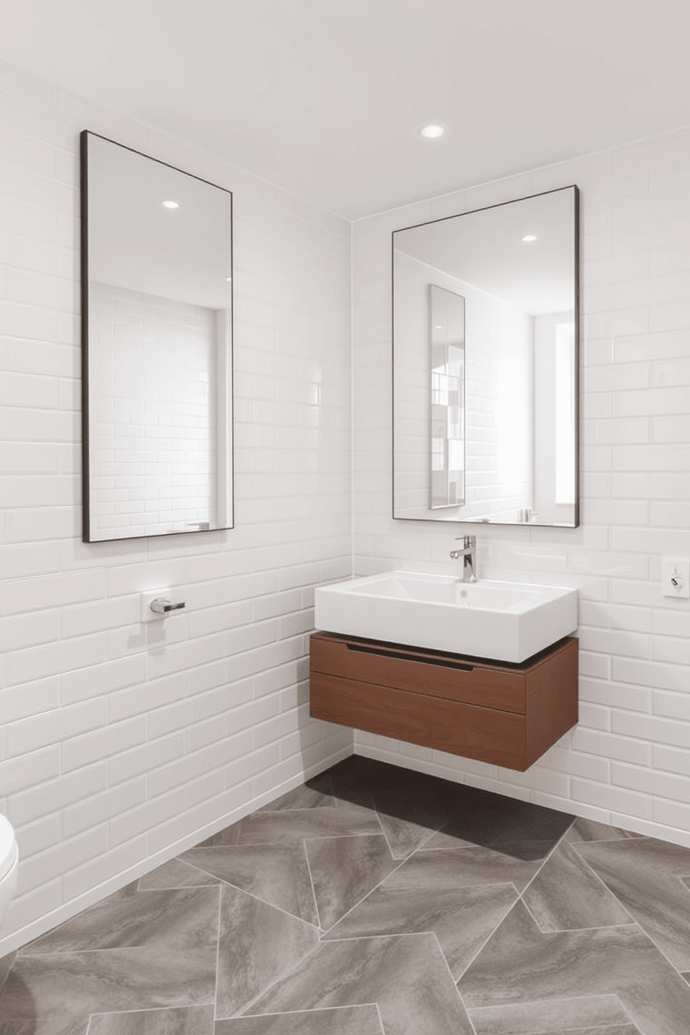 A stylish quarter bathroom features innovative mirror placements that create an illusion of expanded space. The walls are adorned with light-colored tiles, and a sleek floating vanity complements the modern aesthetic. Large frameless mirrors are positioned strategically to reflect light and enhance the room's brightness. The flooring consists of elegant gray ceramic tiles, providing a sophisticated contrast to the minimalist design.