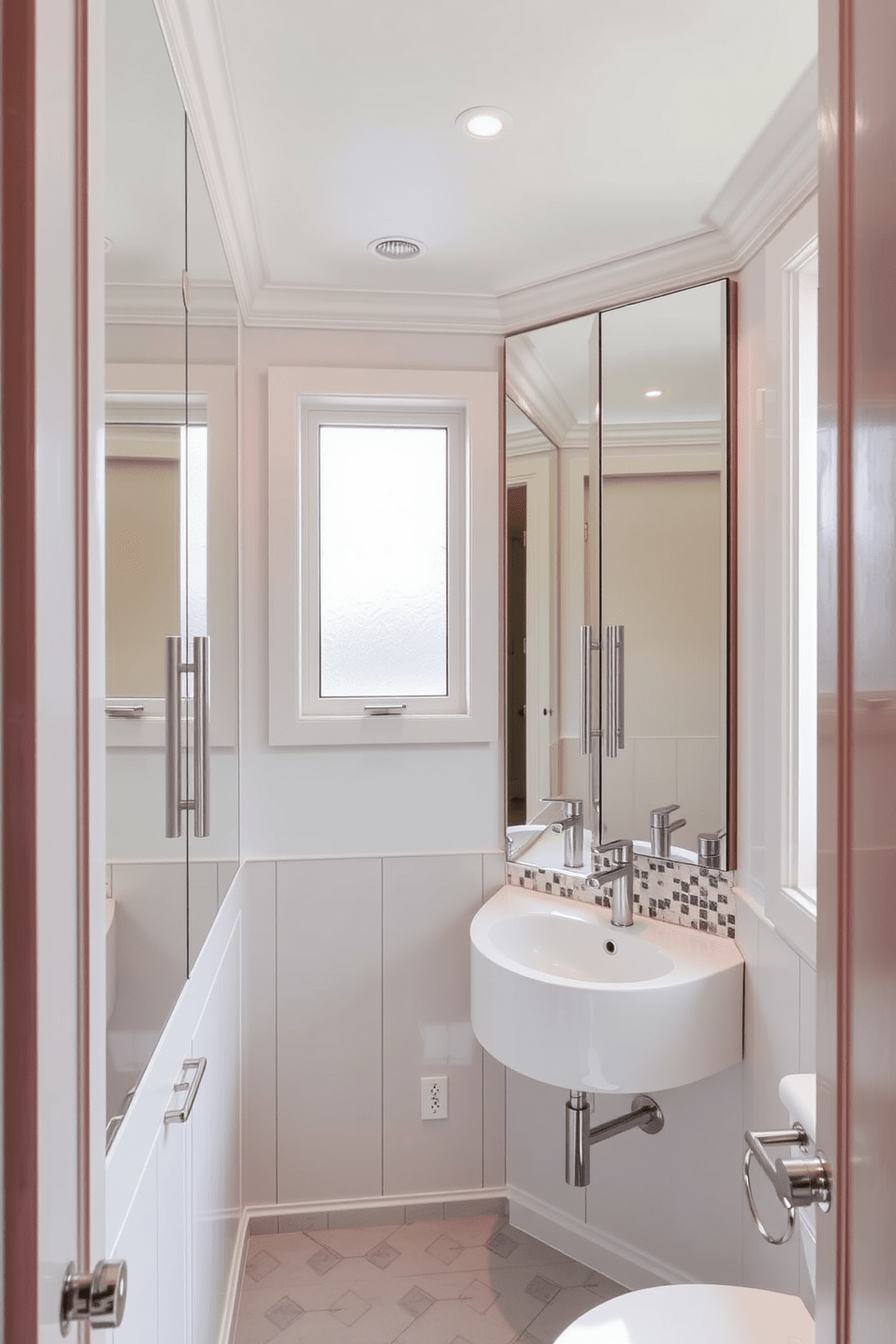 A stylish quarter bathroom featuring mirrored cabinets that enhance the sense of space and depth. The design includes sleek fixtures and a modern sink, creating a functional yet elegant atmosphere. The walls are adorned with soft pastel colors, complemented by a chic backsplash that adds a touch of sophistication. Natural light filters through a frosted window, illuminating the room and highlighting the luxurious finishes.