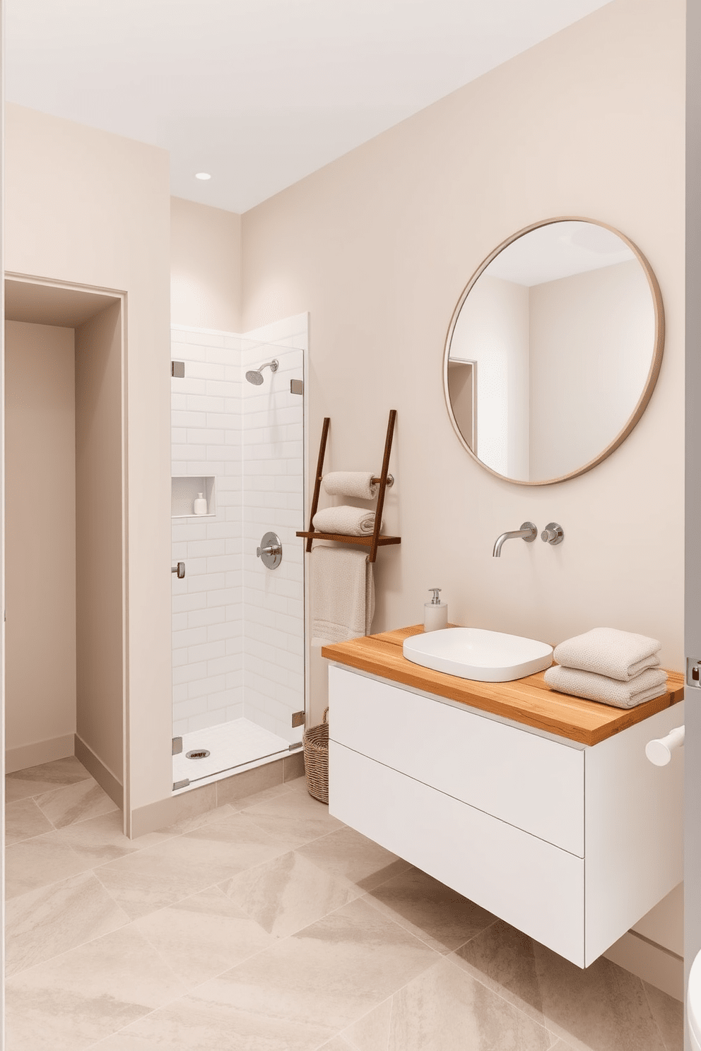 A serene quarter bathroom design featuring a neutral color palette that promotes a calming effect. The walls are painted in soft beige, complemented by a light gray tile floor that adds subtle texture. A sleek, modern vanity with a white sink is positioned against the wall, topped with a natural wood countertop. Above the vanity, a large round mirror with a minimalist frame enhances the sense of space and light. To the left, a compact shower area is enclosed with clear glass, showcasing elegant white subway tiles. Soft, fluffy towels in muted tones are neatly arranged on a wooden shelf, adding to the tranquil ambiance.