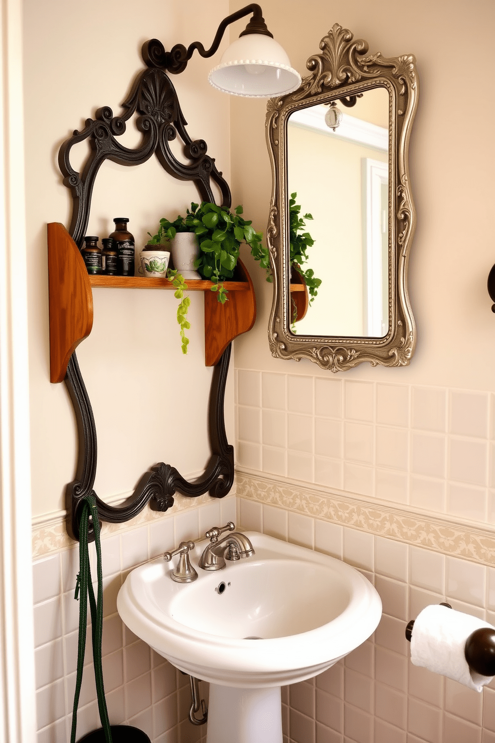 A charming quarter bathroom features small-scale vintage fixtures that add character and warmth. The walls are adorned with soft pastel tiles, and a classic pedestal sink sits elegantly in the corner. Above the sink, a vintage-inspired mirror with an ornate frame reflects the cozy ambiance. A quaint wooden shelf displays decorative items and fresh greenery, enhancing the inviting atmosphere.