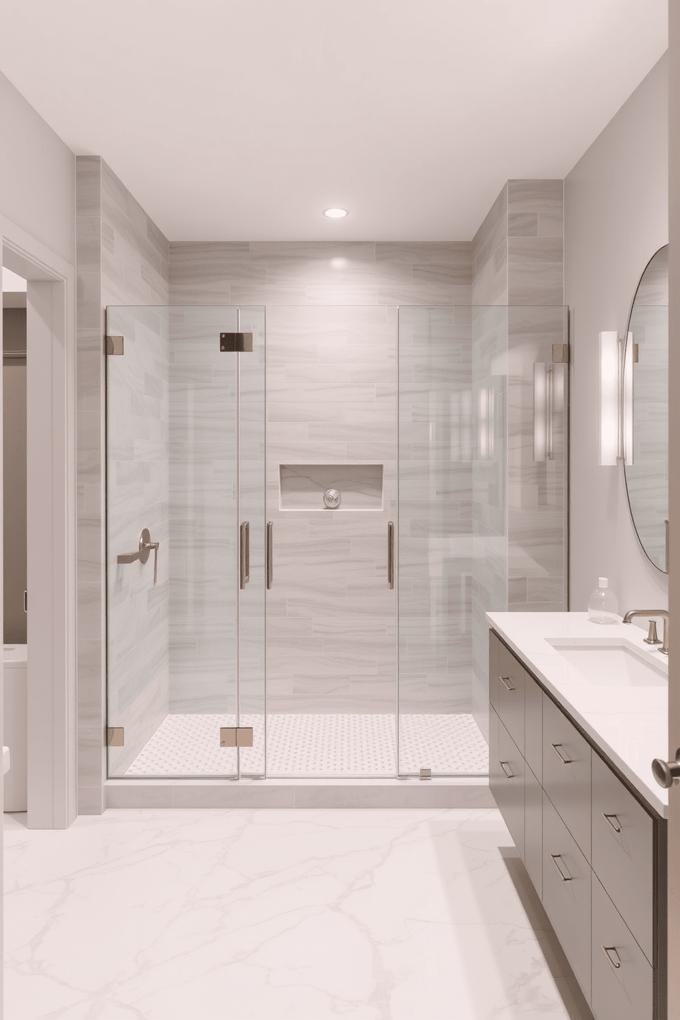 A spacious quarter bathroom featuring a glass shower enclosure that enhances the sense of openness. The walls are adorned with soft gray tiles, and the floor showcases elegant white marble for a luxurious touch.