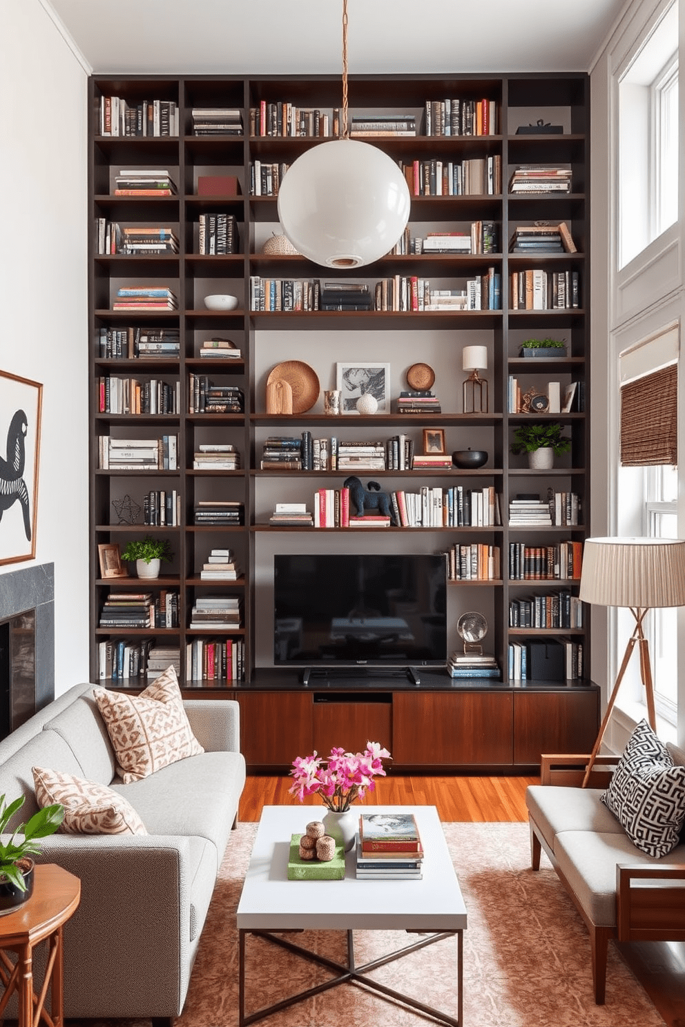 Maximize vertical space with tall shelves in a stylish railroad apartment. The shelves are filled with books and decorative items, creating an inviting atmosphere while maintaining an open feel.