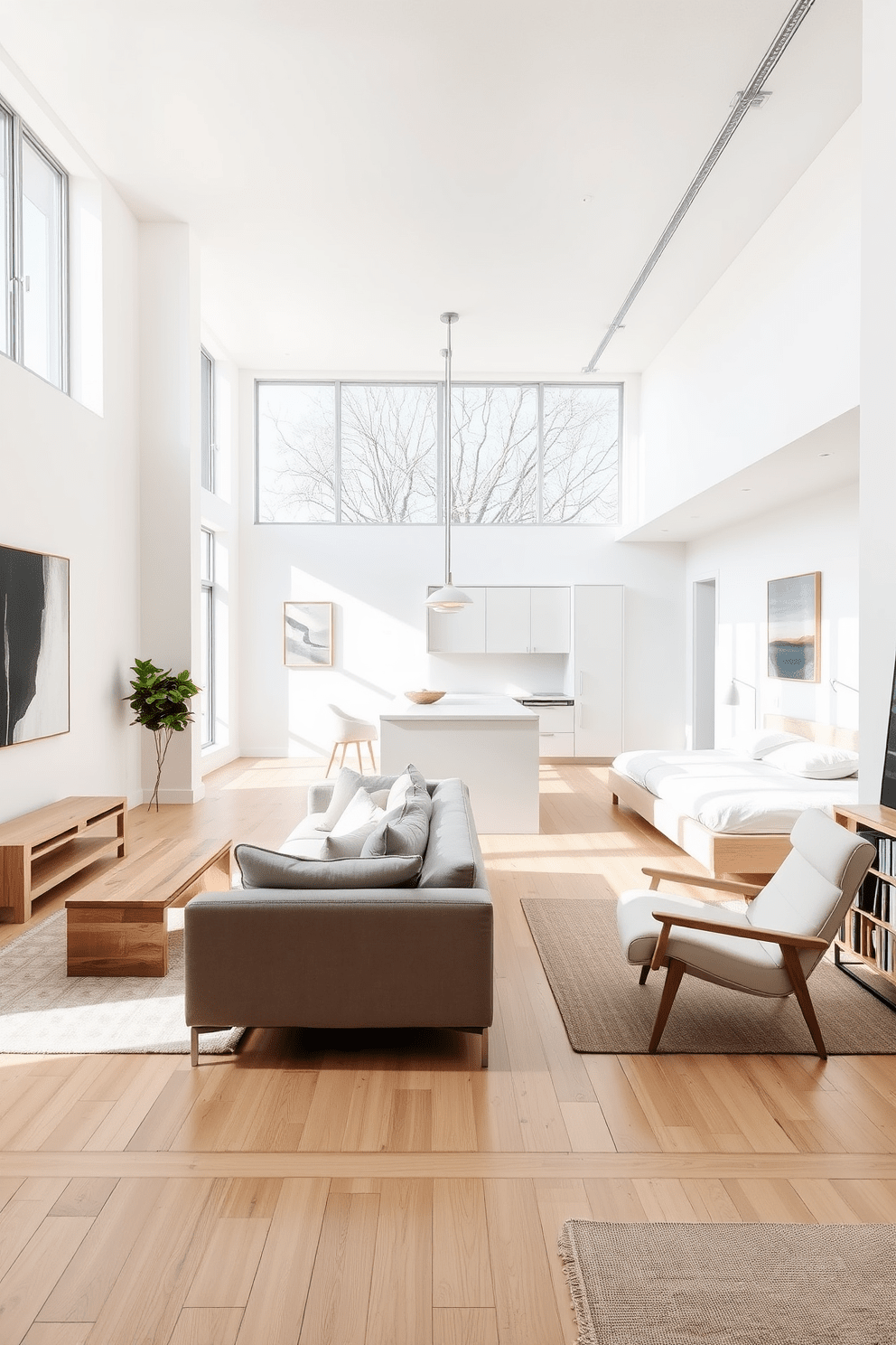 A serene railroad apartment featuring an open layout with large windows allowing natural light to flood the space. The walls are painted in soft white, complemented by light wood flooring that enhances the minimalist aesthetic. In the living area, a low-profile sofa in a neutral color is paired with a simple coffee table made of reclaimed wood. A single piece of abstract art hangs on the wall, adding a touch of personality without overwhelming the space. The kitchen boasts sleek cabinetry with clean lines and a minimalist island that serves as both a prep area and breakfast bar. Simple pendant lights hang above the island, providing warm illumination and maintaining the calm atmosphere. In the bedroom, a platform bed with crisp white linens is the focal point, flanked by minimalist nightstands with understated lamps. A cozy reading nook is created by placing a comfortable chair in the corner, accompanied by a small bookshelf filled with curated selections.