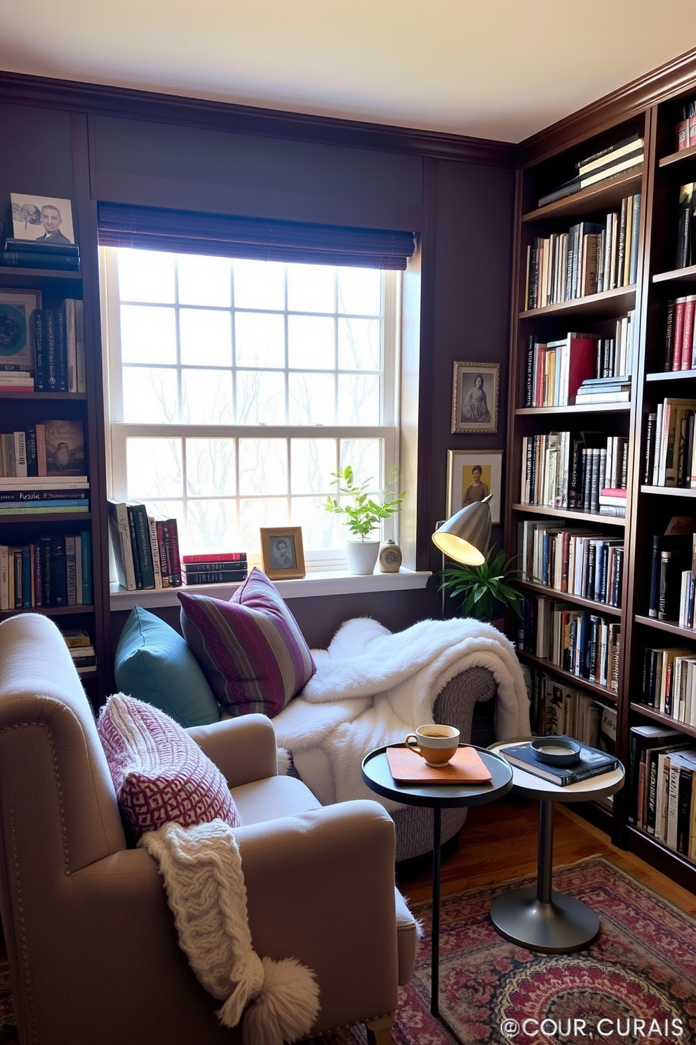 Create a cozy reading nook with plush cushions and a soft throw blanket. A comfortable armchair is positioned near a large window, allowing natural light to flood the space. Surround the nook with bookshelves filled with an eclectic collection of books and decorative items. A small side table holds a steaming cup of tea and a stylish lamp for evening reading.