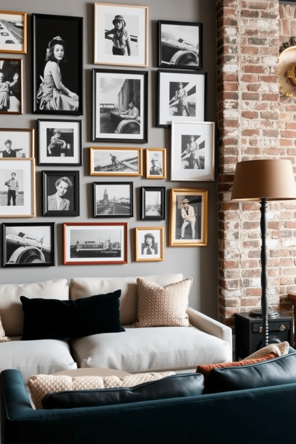 A stylish gallery wall is adorned with an eclectic mix of framed photographs and art pieces, creating a focal point in the living area. The arrangement features both black and white images and colorful prints, all set against a soft gray backdrop that enhances the visual impact. Incorporate vintage elements with modern furnishings to create a unique Railroad Apartment aesthetic. The combination of exposed brick walls and sleek furniture pieces adds character and warmth to the space.