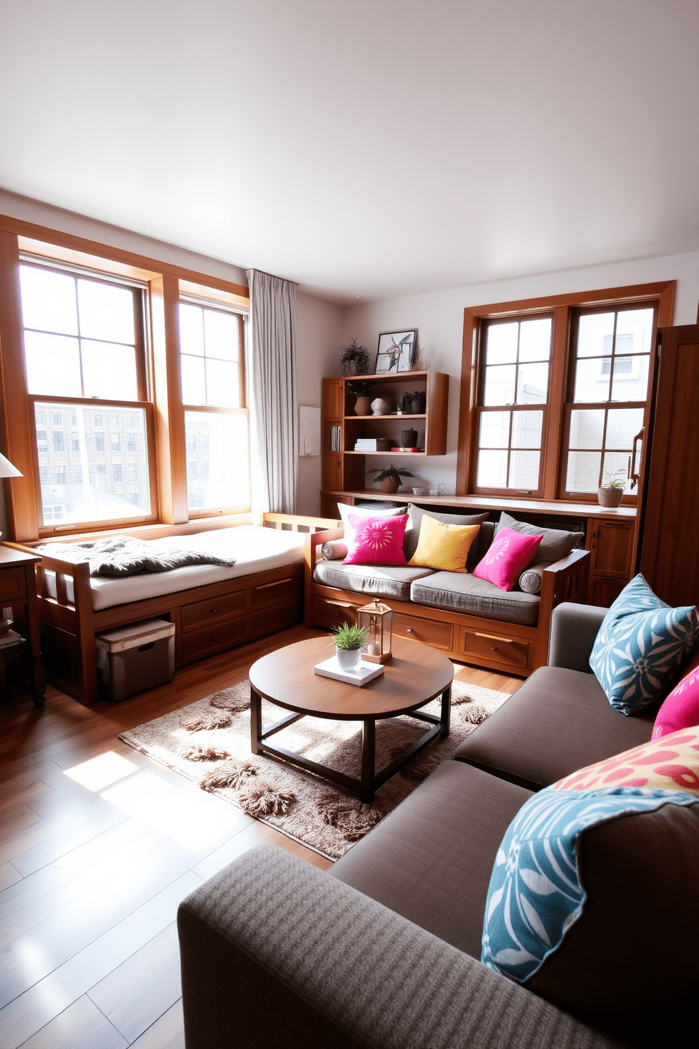 A stylish railroad apartment featuring a versatile daybed that serves as both a comfortable seating area and a sleeping option. The space is adorned with large windows that allow natural light to flood in, highlighting the warm wood tones of the flooring and furniture. The walls are painted in a soft, neutral hue, creating a calming atmosphere that complements the rich textures of the furnishings. Decorative throw pillows in vibrant colors and patterns add a pop of interest, while a cozy area rug anchors the seating arrangement.