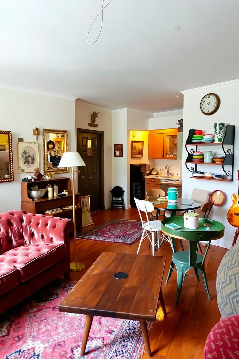 A cozy railroad apartment filled with vintage charm. The living room features a plush, tufted velvet sofa paired with a reclaimed wood coffee table and an antique brass floor lamp. The walls are adorned with eclectic artwork and vintage mirrors that reflect the warm light. A retro dining table with mismatched chairs sits adjacent to a small kitchen, showcasing colorful ceramic dishware on open shelves.