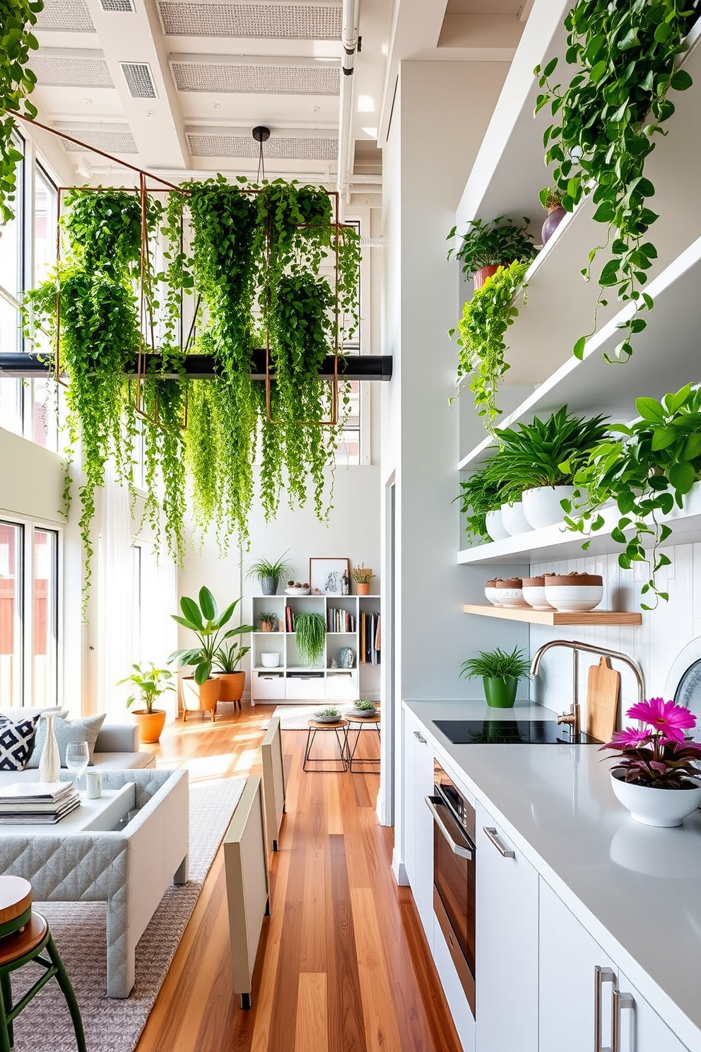 A stylish railroad apartment featuring vertical gardens that bring a touch of nature indoors. The living area is bright and airy, with large windows allowing natural light to flood in, complemented by lush greenery cascading from the walls. The kitchen showcases sleek cabinetry with modern appliances, seamlessly integrated with the vertical garden elements. Open shelving displays vibrant plants alongside carefully curated dishware, creating a harmonious blend of functionality and aesthetics.