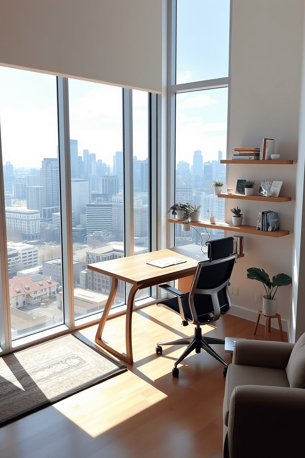 Create a bright and airy workspace with large windows that offer a stunning view of the city skyline. The room features a sleek wooden desk positioned to maximize natural light, complemented by a comfortable ergonomic chair. Incorporate floating shelves adorned with plants and books to add a personal touch. A cozy reading nook with a plush armchair and a small side table is placed near the window, creating an inviting atmosphere for relaxation and inspiration.