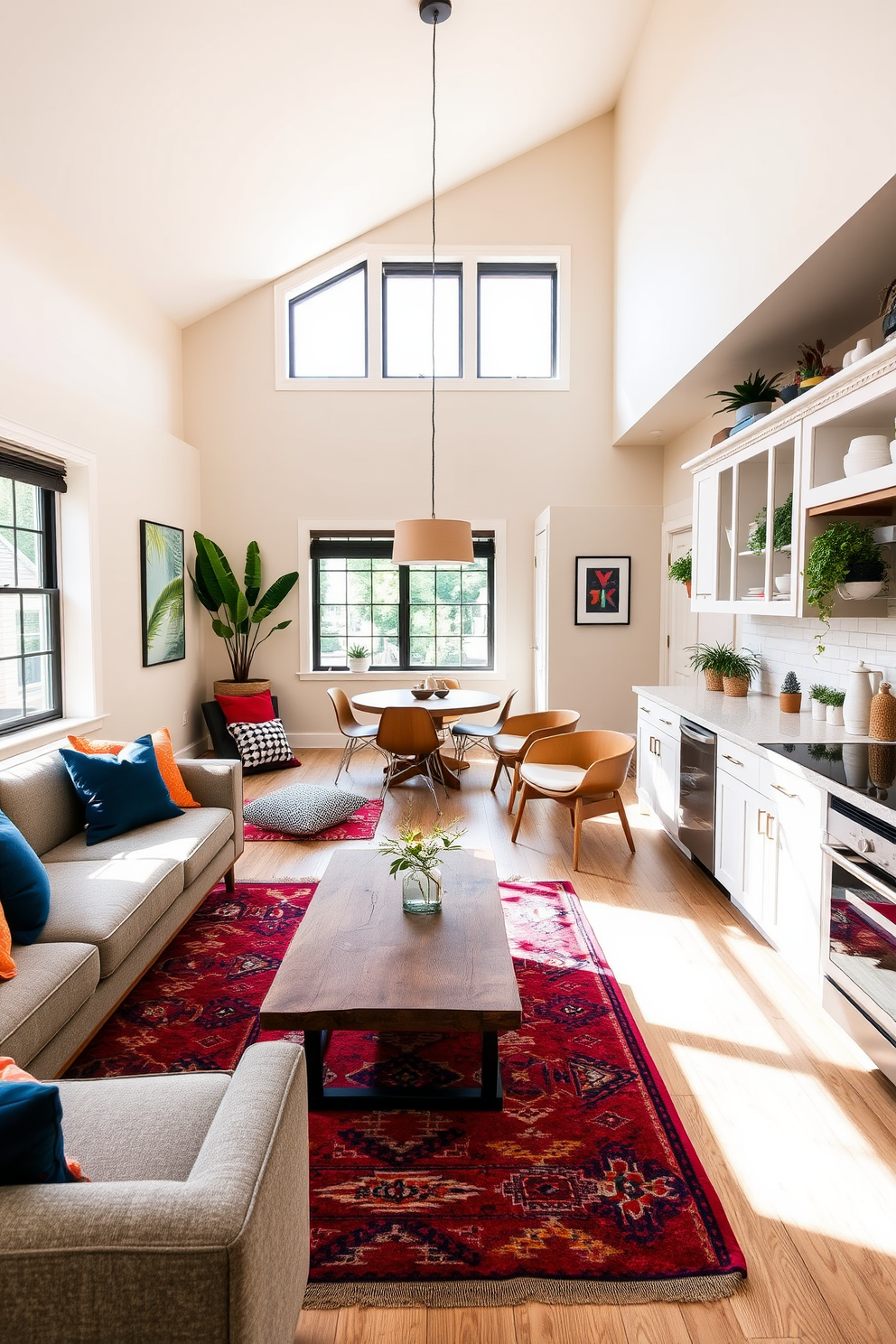 A stylish Railroad Apartment featuring an open layout that maximizes space and light. The walls are painted in soft beige, complemented by rich navy accents in furniture and decor. The living area includes a comfortable sectional sofa adorned with colorful throw pillows, paired with a sleek coffee table made of reclaimed wood. Large windows allow natural light to flood the space, highlighting a vibrant area rug that ties the room together. In the dining nook, a round wooden table is surrounded by modern chairs, creating an inviting atmosphere for meals. A statement pendant light hangs above the table, adding a touch of elegance to the cozy space. The kitchen showcases white cabinetry with brass hardware, creating a fresh and inviting feel. Open shelving displays curated dishware and plants, enhancing the cohesive design throughout the apartment.