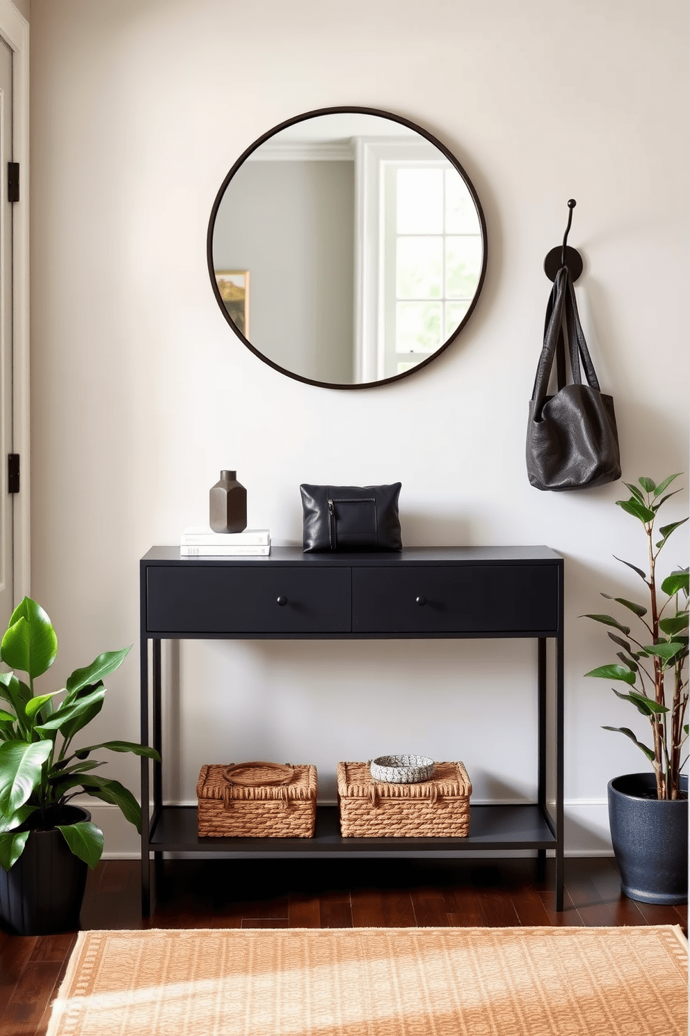 Design a welcoming entryway featuring a sleek console table against the wall. Above the table, a large round mirror reflects natural light, while stylish hooks are mounted nearby for coats and bags. The floor is adorned with a warm, patterned rug that adds texture and comfort. Potted plants flank the entryway, bringing a touch of greenery and life to the space.