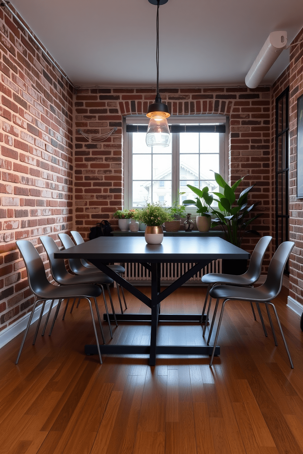 A stylish railroad apartment featuring a foldable dining table that seamlessly blends functionality with modern aesthetics. The table is set against a backdrop of exposed brick walls, with soft pendant lighting hanging above to create an inviting atmosphere. Surrounding the table are sleek, minimalist chairs that can be easily tucked away when not in use. The open layout is complemented by warm wooden flooring and strategically placed greenery to enhance the cozy feel of the space.