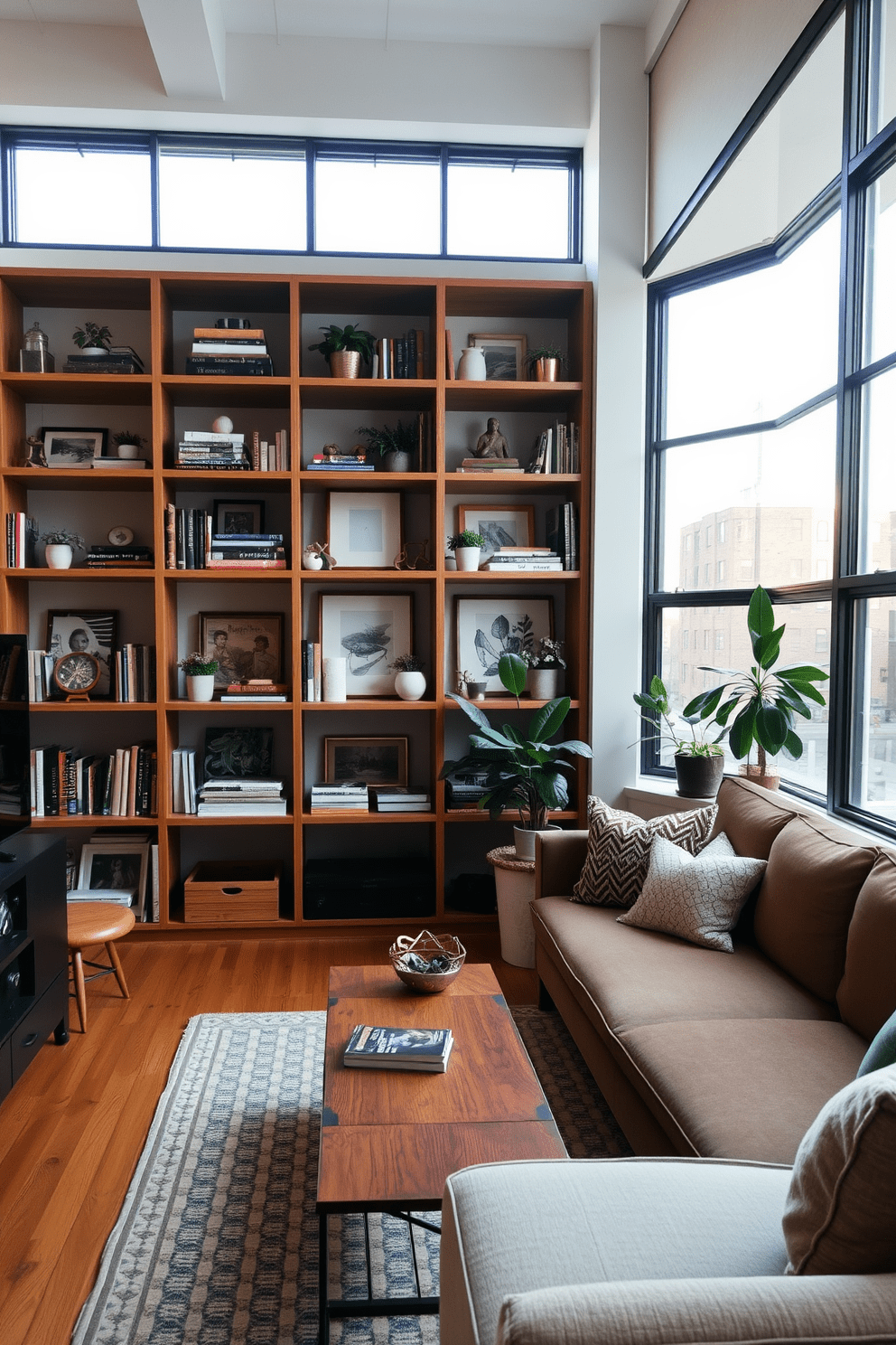 A stylish railroad apartment featuring open shelving that showcases an array of curated decor items. The shelves are filled with books, plants, and art pieces, creating an inviting and personalized atmosphere. The living area is designed with a cozy seating arrangement, including a plush sofa and a vintage coffee table. Large windows allow natural light to flood the space, highlighting the warm wood tones and neutral color palette.