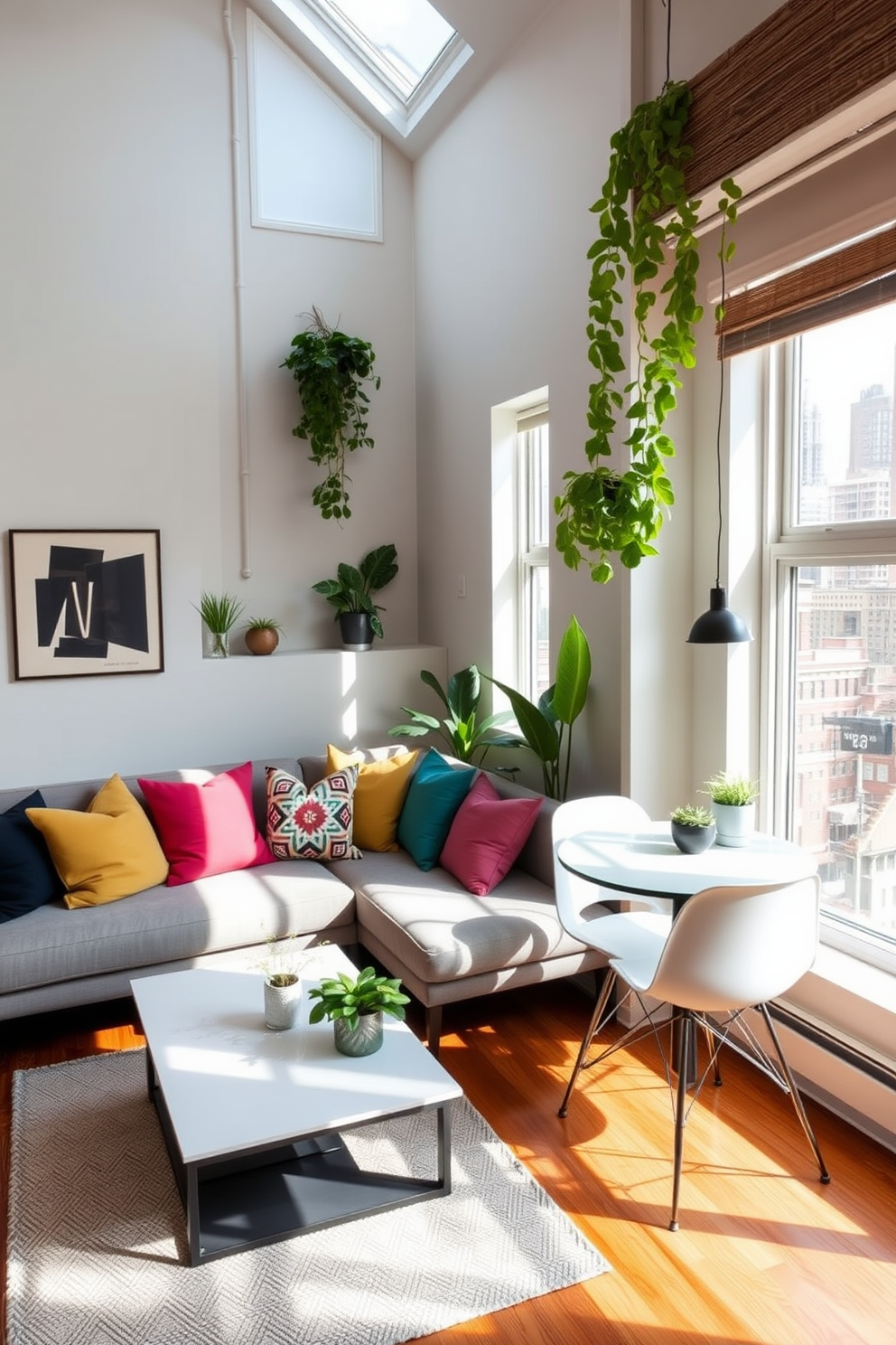 A cozy railroad apartment with an open layout that maximizes space. The living area features a comfortable sectional sofa adorned with colorful throw pillows, and a sleek coffee table sits in front of it. Adjacent to the living space, a compact dining area includes a round table with stylish chairs. Large windows allow natural light to flood the room, complemented by indoor plants placed strategically around the space for a touch of nature.