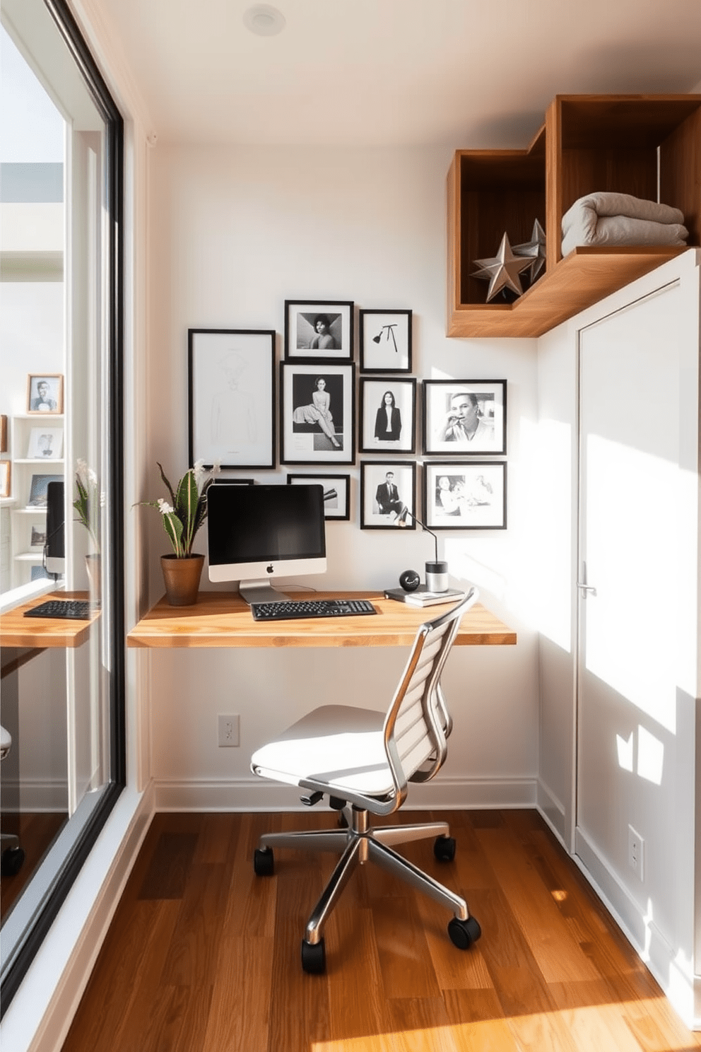 A stylish railroad apartment featuring a wall-mounted desk that maximizes space efficiency. The desk is made of reclaimed wood and is paired with a sleek ergonomic chair, creating a functional yet inviting workspace. Natural light floods the room through large windows, highlighting the minimalist decor. The walls are painted in a soft white, with a gallery of framed artwork adding personality to the space.