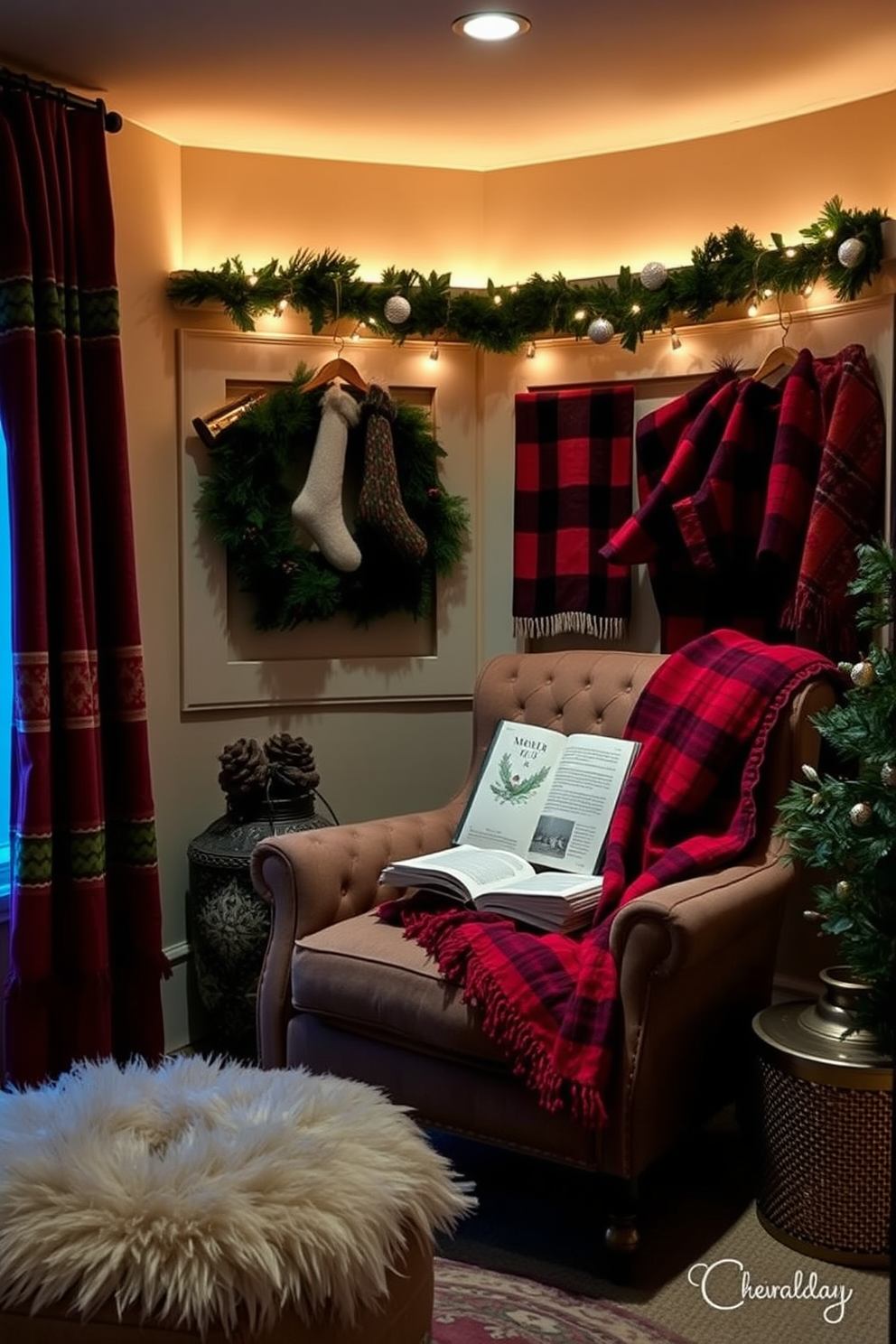 A cozy reading nook features a plush armchair adorned with festive throw blankets in rich reds and greens. Soft ambient lighting illuminates the space, creating a warm and inviting atmosphere perfect for holiday reading.