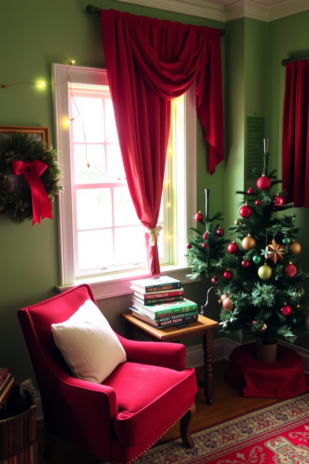 A cozy reading nook adorned with a red and green color scheme. The walls are painted a soft green, while the furniture features rich red upholstery, creating a warm and inviting atmosphere. A plush armchair is positioned next to a small wooden side table, topped with a stack of festive holiday books. String lights drape around the window, and a small Christmas tree stands in the corner, decorated with red and green ornaments.