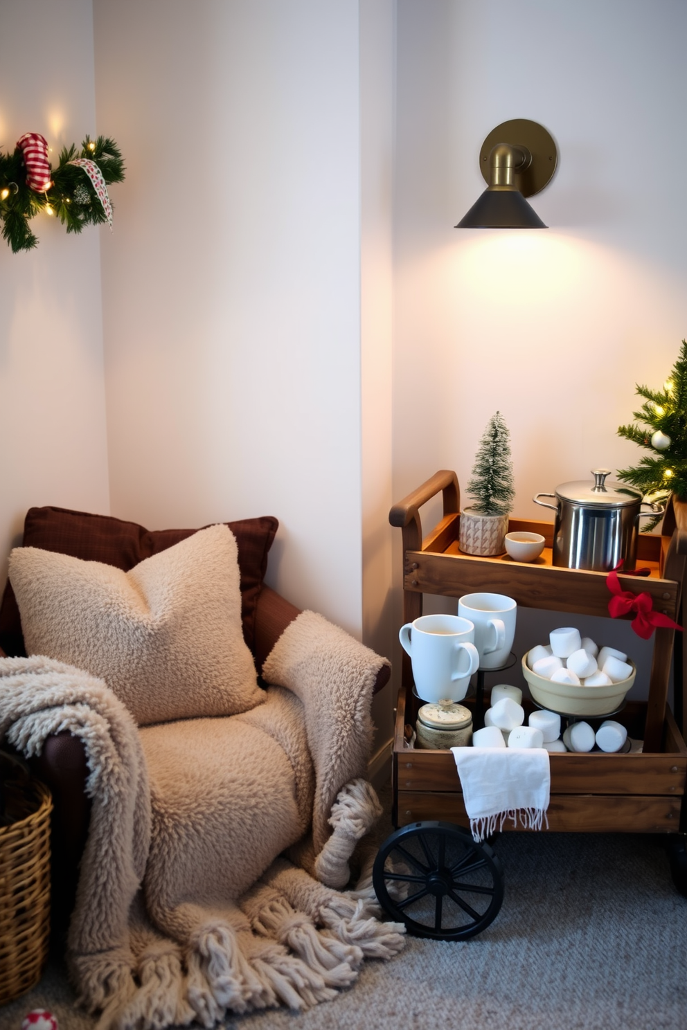 A cozy reading nook adorned with plush cushions and a soft throw blanket invites relaxation. Nearby, a charming hot cocoa station features a rustic wooden cart with mugs, marshmallows, and a steaming pot of cocoa. The nook is softly lit by a warm floor lamp, creating an inviting atmosphere perfect for winter evenings. Christmas decorations include twinkling fairy lights and a small evergreen tree, adding a festive touch to the space.