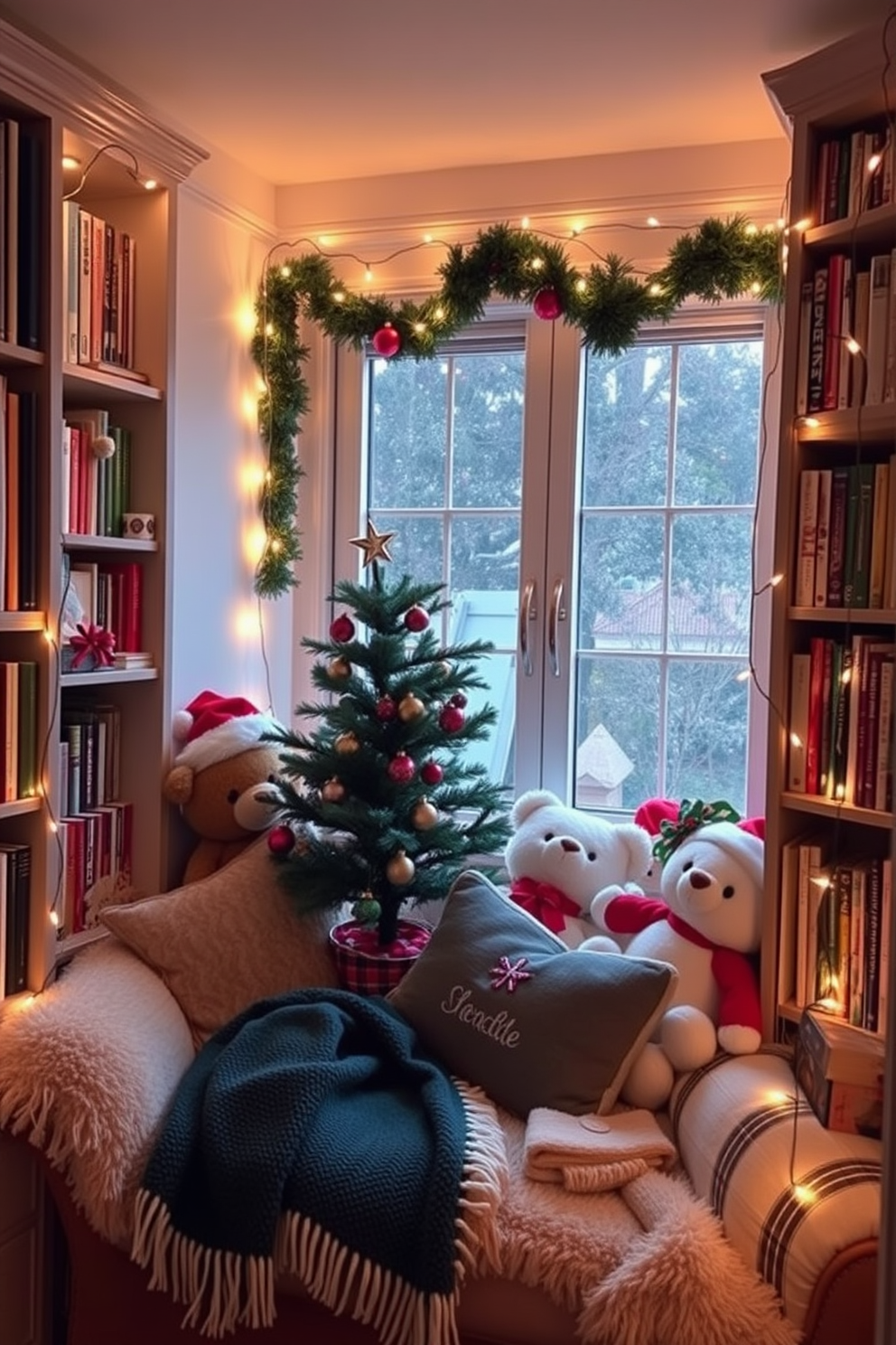 A cozy reading nook adorned with stuffed animals dressed in holiday attire. Plush cushions and a soft throw blanket create a warm atmosphere, while twinkling fairy lights drape around the bookshelves. A small Christmas tree stands in the corner, decorated with colorful ornaments and a star on top. A festive garland is hung along the window, completing the cheerful holiday vibe of the space.