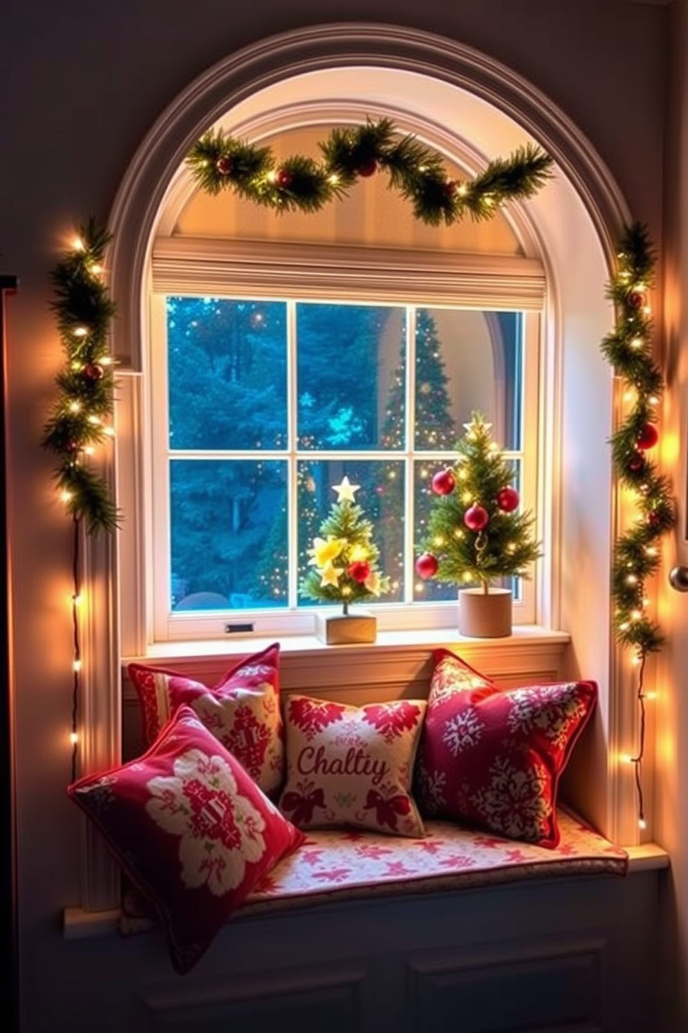 A cozy window seat adorned with seasonal cushions invites relaxation. Soft, warm lighting enhances the inviting atmosphere of this reading nook. Festive decorations bring the spirit of Christmas to life in this charming space. A small tree sits on the window ledge, surrounded by twinkling lights and colorful ornaments.