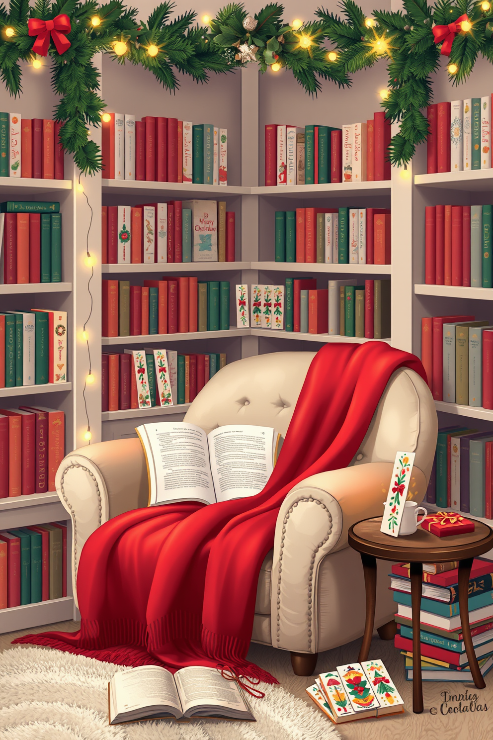 Cozy reading nook adorned with Christmas-themed bookmarks. The nook features a plush armchair draped with a soft red blanket and surrounded by shelves filled with festive books. The walls are decorated with garlands of evergreen and twinkling fairy lights. A small side table holds a steaming cup of cocoa and a selection of colorful bookmarks showcasing holiday designs.