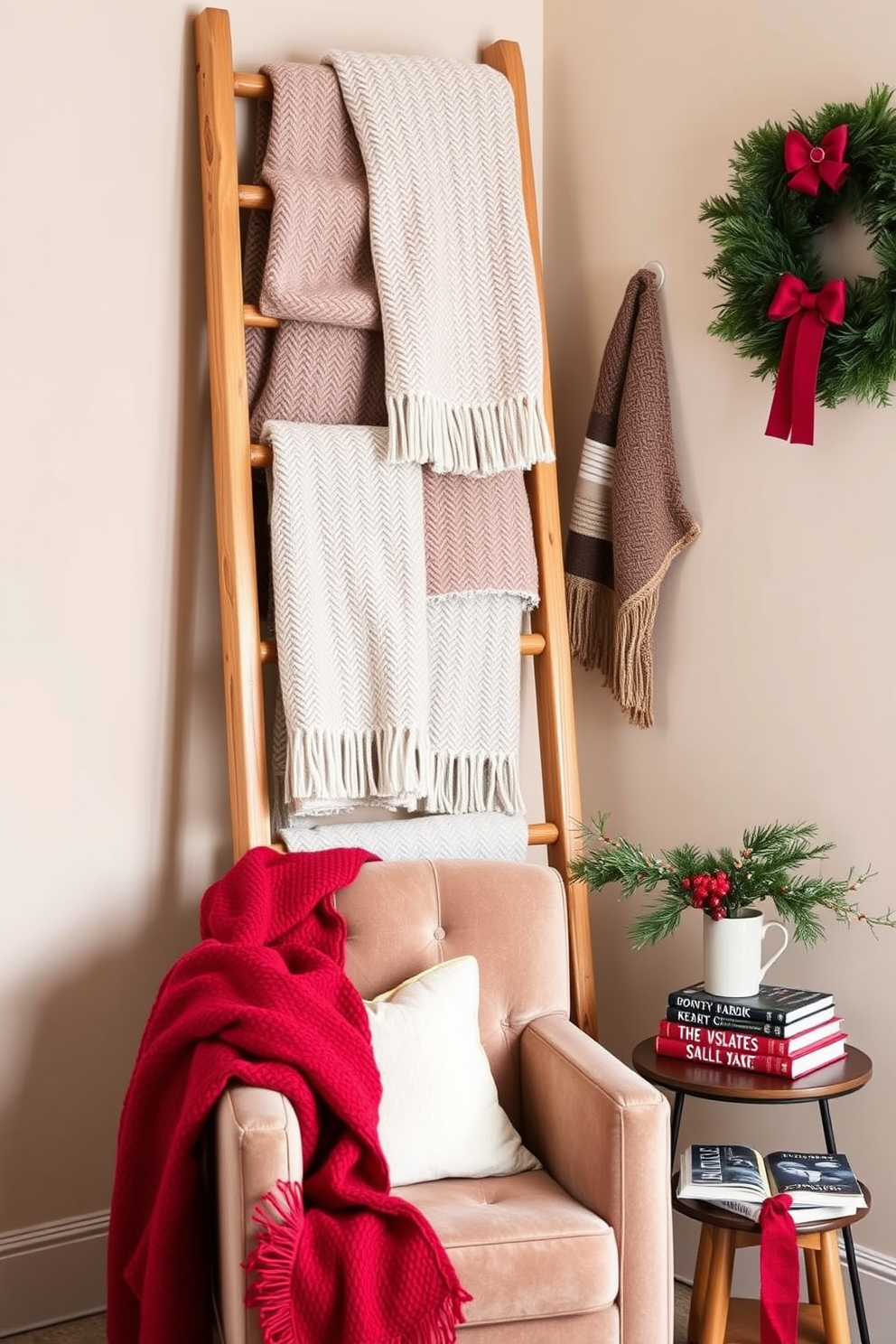 A cozy blanket ladder for decor. The ladder is made of natural wood and leans against a soft beige wall, adorned with various textured blankets in muted tones. Reading nook Christmas decorating ideas. A plush armchair sits in the corner, draped with a festive red throw, while a small side table holds a steaming cup of cocoa and a stack of holiday-themed books.