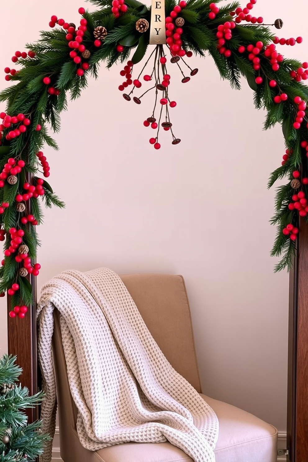 A festive wreath adorned with red berries and pinecones hangs gracefully above the cozy reading nook. The nook features a plush armchair draped with a soft knit blanket, creating an inviting atmosphere perfect for holiday reading.