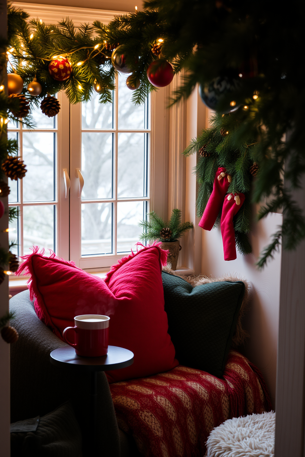 A cozy reading nook adorned with scented pinecones to create a warm holiday fragrance. Plush cushions in rich red and green hues are arranged on a comfortable armchair, while a small side table holds a steaming cup of cocoa. The nook is softly illuminated by a string of warm white fairy lights draped above. A festive garland made of pine branches and ornaments frames the window, enhancing the cheerful Christmas atmosphere.