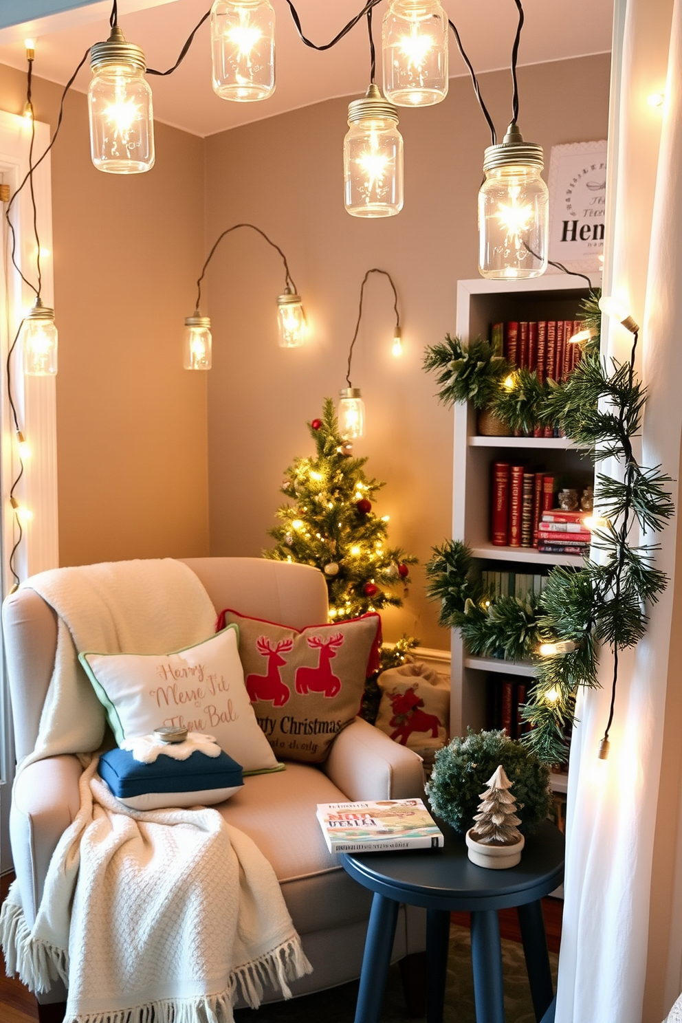 A cozy reading nook adorned with string lights in mason jars that emit a warm, inviting glow. The nook features a plush armchair draped with a soft blanket and a small side table holding a stack of festive books. For Christmas decorating, the space is enhanced with seasonal accents like a small evergreen tree in the corner and holiday-themed cushions on the chair. A decorative garland winds around the bookshelf, adding a touch of festive charm to the cozy atmosphere.