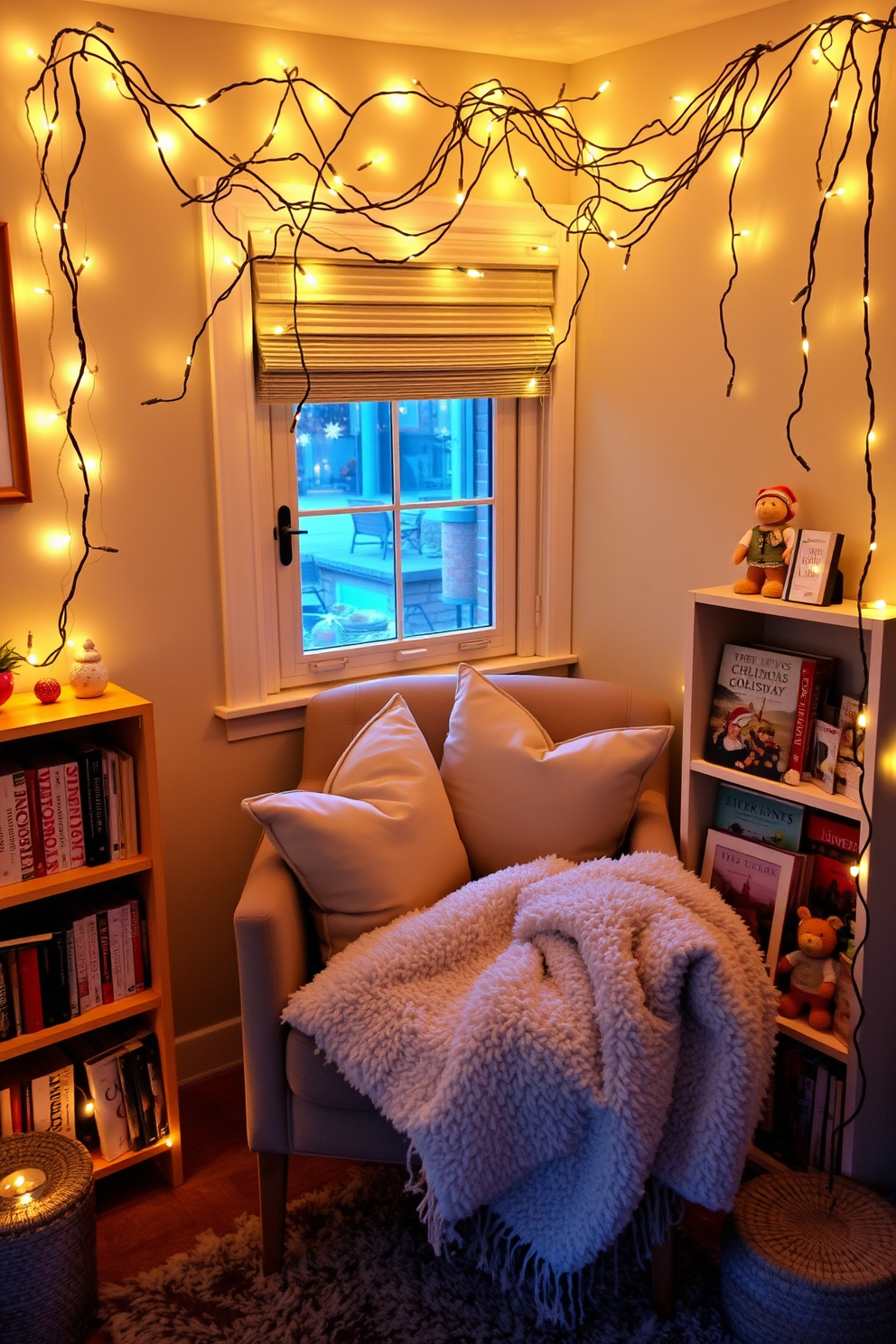 A cozy reading nook adorned with twinkling fairy lights that create a warm and inviting atmosphere. Soft cushions and a plush throw blanket are arranged on a comfortable armchair, while a small bookshelf filled with holiday-themed books sits nearby.