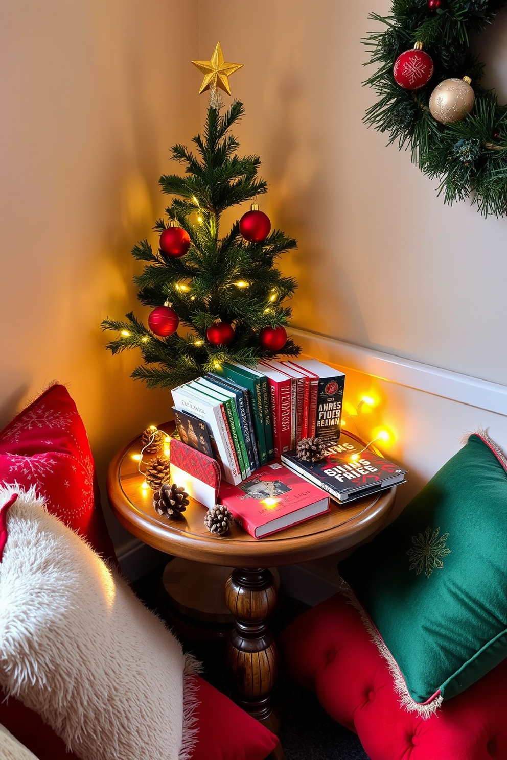 A cozy reading nook adorned for the holidays. A small wooden table features a beautifully arranged display of festive books, surrounded by twinkling fairy lights and pinecones. Plush cushions in rich red and green hues create an inviting atmosphere. A small evergreen tree sits in the corner, decorated with ornaments and a star on top, enhancing the seasonal charm.