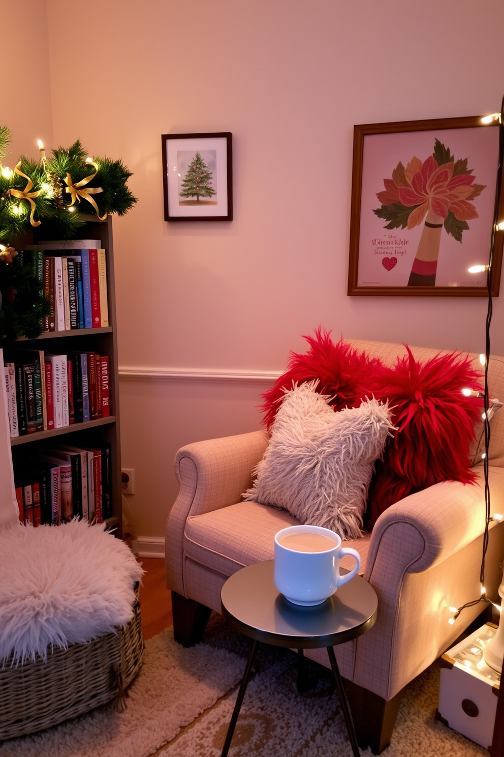 A cozy reading nook adorned with fluffy throw pillows in seasonal colors. The nook features a plush armchair nestled next to a small bookshelf filled with festive holiday reads. Soft, warm lighting creates an inviting atmosphere, enhancing the comfort of the space. A small side table holds a steaming cup of cocoa and a string of twinkling fairy lights adds a magical touch to the Christmas decorating ideas.