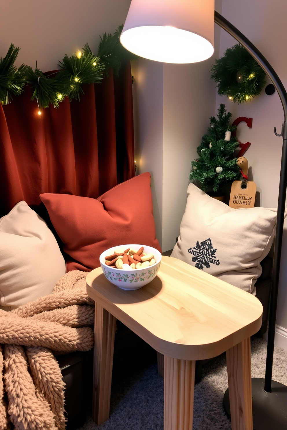 A cozy reading nook featuring a small side table perfect for snacks. The nook is adorned with plush cushions and a warm blanket, creating an inviting atmosphere. The side table is made of natural wood with a smooth finish, complementing the surrounding decor. A decorative bowl filled with seasonal snacks sits atop the table, adding a festive touch. The space is illuminated by a soft floor lamp, casting a gentle glow over the nook. Christmas decorations, such as twinkling fairy lights and a small evergreen tree, enhance the holiday spirit.