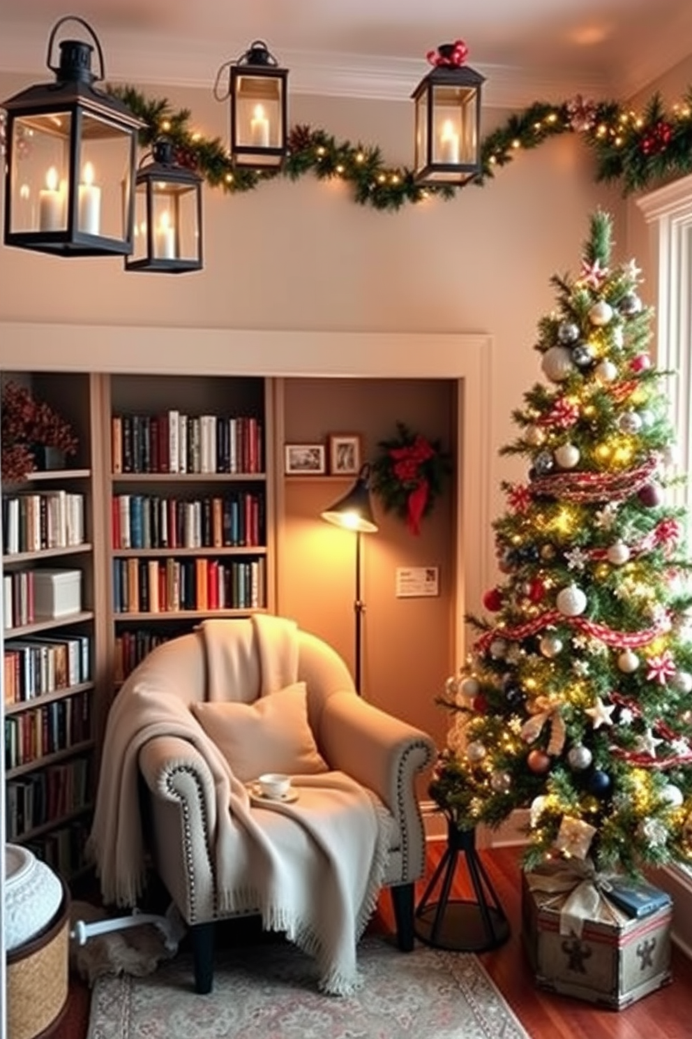 A cozy reading nook adorned with decorative lanterns for a rustic touch. The nook features a comfortable armchair draped with a soft blanket, surrounded by shelves filled with books and a small side table holding a warm cup of tea. For Christmas decorating ideas, the space is transformed with festive accents. A beautifully decorated tree stands in the corner, while twinkling lights and garlands enhance the warm, inviting atmosphere.