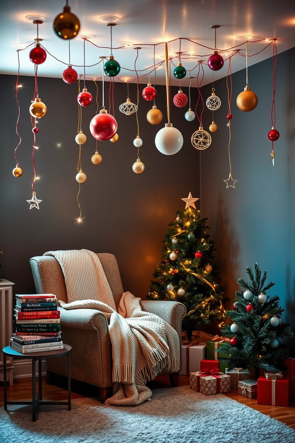 A cozy reading nook adorned with hanging ornaments from the ceiling creates a festive atmosphere. The nook features a plush armchair draped with a soft blanket and a small side table holding a stack of holiday-themed books. Twinkling lights and colorful ornaments dangle from above, adding a magical touch to the space. A small Christmas tree sits in the corner, surrounded by wrapped gifts and a warm, inviting glow.