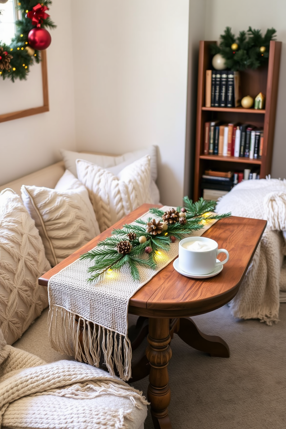 A cozy reading nook adorned for Christmas features a seasonal table runner crafted from natural fibers, elegantly draped across a wooden side table. Pine branches are artfully arranged atop the runner, complemented by small pinecones and twinkling fairy lights for a warm ambiance. The nook is nestled in a corner, surrounded by plush cushions and a soft throw blanket, inviting relaxation. A nearby bookshelf is decorated with festive ornaments, while a steaming cup of cocoa rests on the table, enhancing the holiday spirit.