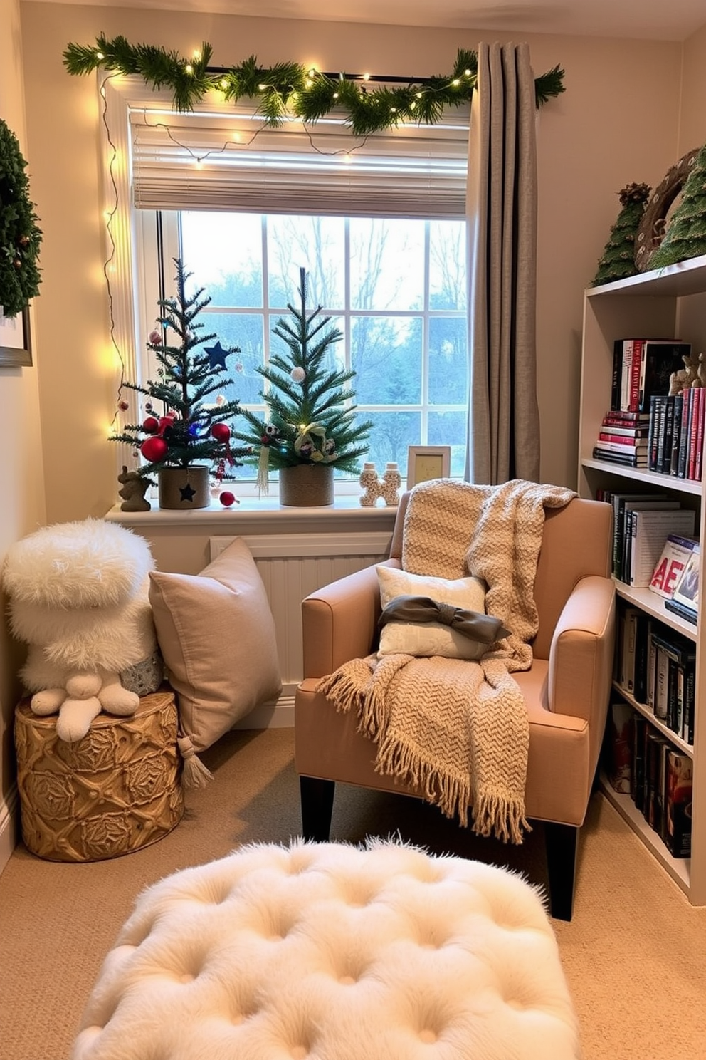 A cozy reading nook featuring a plush ottoman designed for footrest comfort. The nook is adorned with soft throw pillows and a warm knitted blanket draped over a stylish armchair. Festive Christmas decorating ideas for the reading nook include a small decorated tree in the corner and twinkling fairy lights strung along the window. A collection of holiday-themed books is displayed on a nearby shelf, enhancing the seasonal charm.