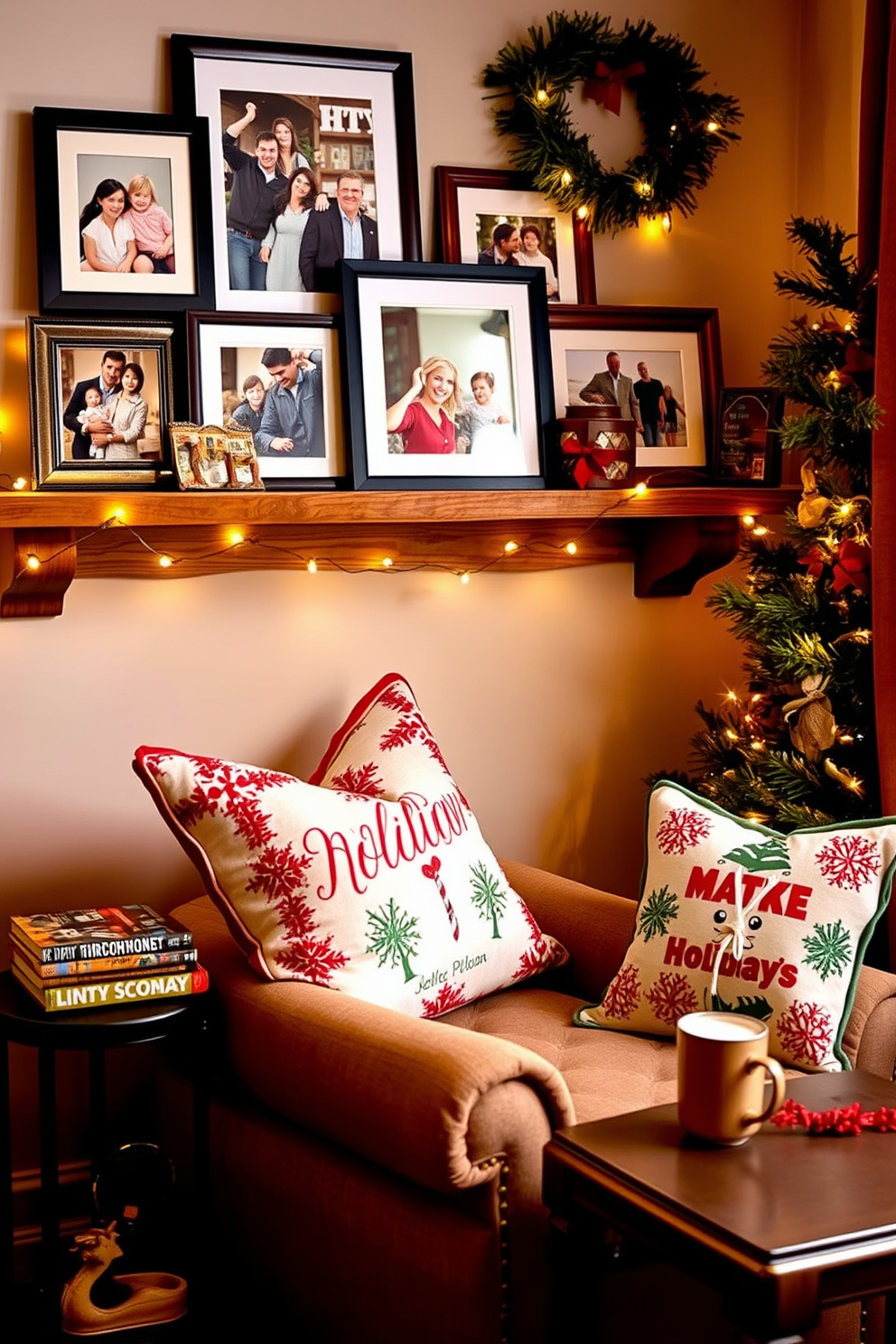 Framed family holiday photos are arranged on a rustic wooden shelf, showcasing cherished memories in various sizes and styles. The photos are complemented by twinkling fairy lights that add a warm glow to the space. A cozy reading nook features a plush armchair adorned with festive throw pillows, inviting relaxation during the holiday season. Nearby, a small side table holds a stack of seasonal books and a cup of hot cocoa, creating the perfect atmosphere for enjoying Christmas decorating ideas.