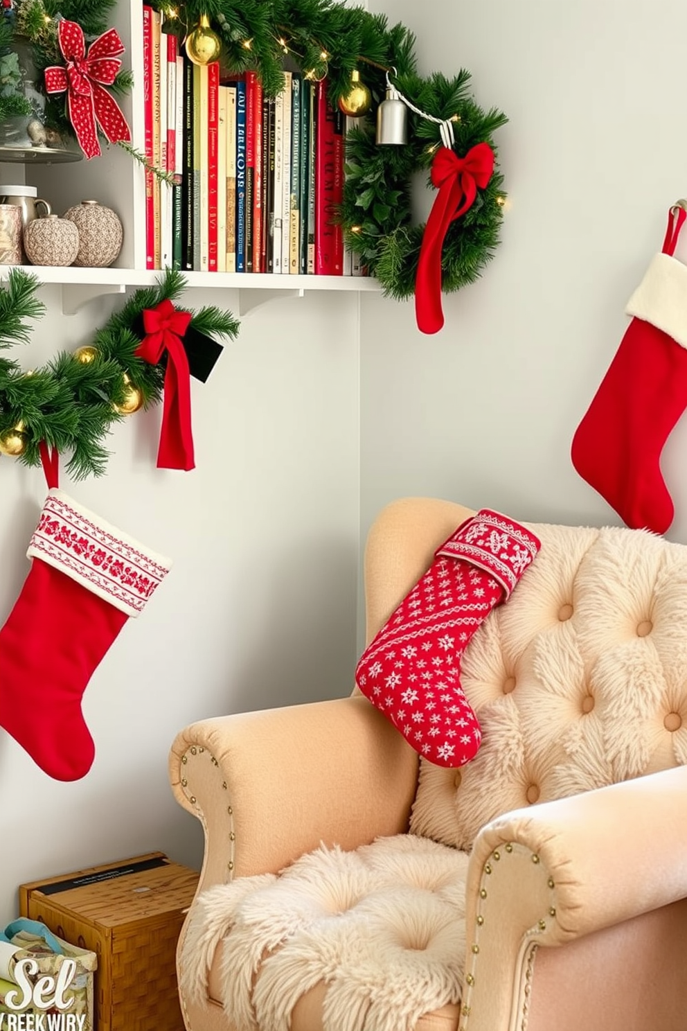 A cozy reading nook adorned for Christmas. Colorful stockings are hung by a plush armchair, creating a festive atmosphere.