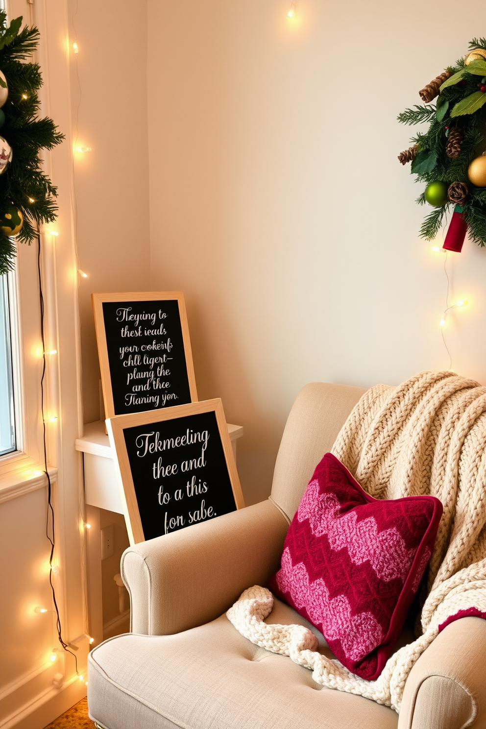 A cozy reading nook adorned for the holidays. A small chalkboard is propped up on a side table, showcasing festive quotes in elegant handwriting. The nook features a plush armchair draped with a warm knitted blanket. Soft fairy lights twinkle around the space, creating a warm and inviting atmosphere.