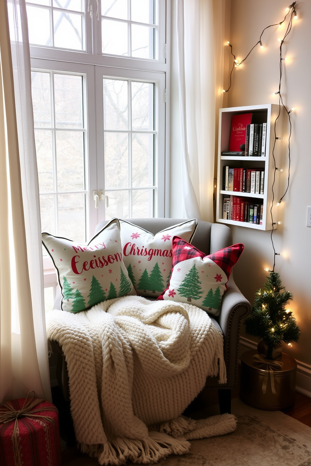 A cozy reading nook adorned with seasonal pillows featuring festive holiday patterns. The nook is nestled by a window with soft natural light filtering through sheer curtains, creating a warm and inviting atmosphere. A small bookshelf filled with holiday-themed books complements the space, while a plush throw blanket drapes over the armchair. Twinkling fairy lights are strung along the wall, adding a magical touch to the Christmas decorating ideas.