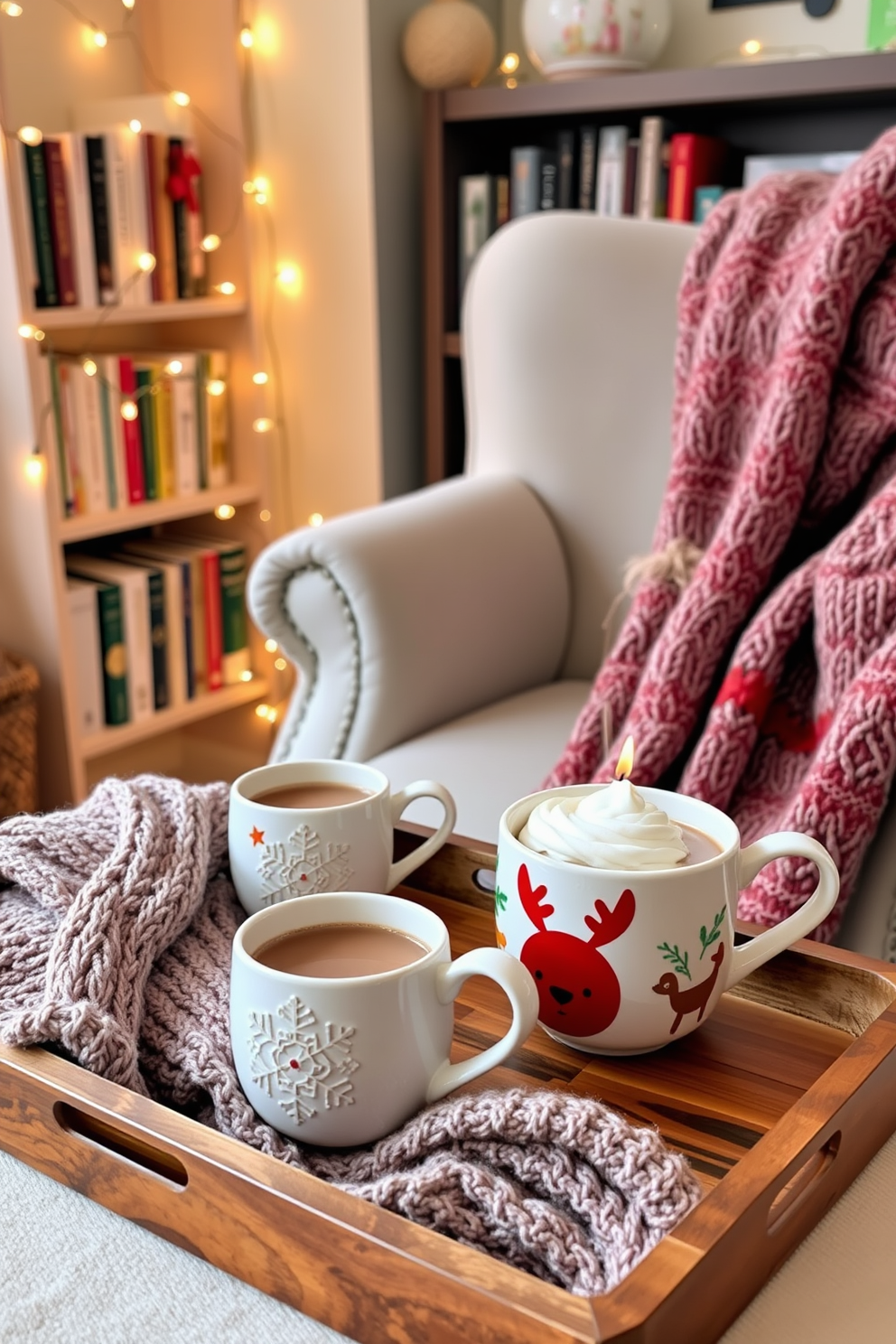 Cute holiday mugs for cozy drinks. The mugs are ceramic with festive designs featuring snowflakes and reindeer, arranged on a wooden tray alongside a steaming cup of hot cocoa topped with whipped cream. Reading nook Christmas decorating ideas. The nook features a plush armchair draped with a knitted throw, surrounded by twinkling fairy lights and a small bookshelf filled with holiday-themed books.