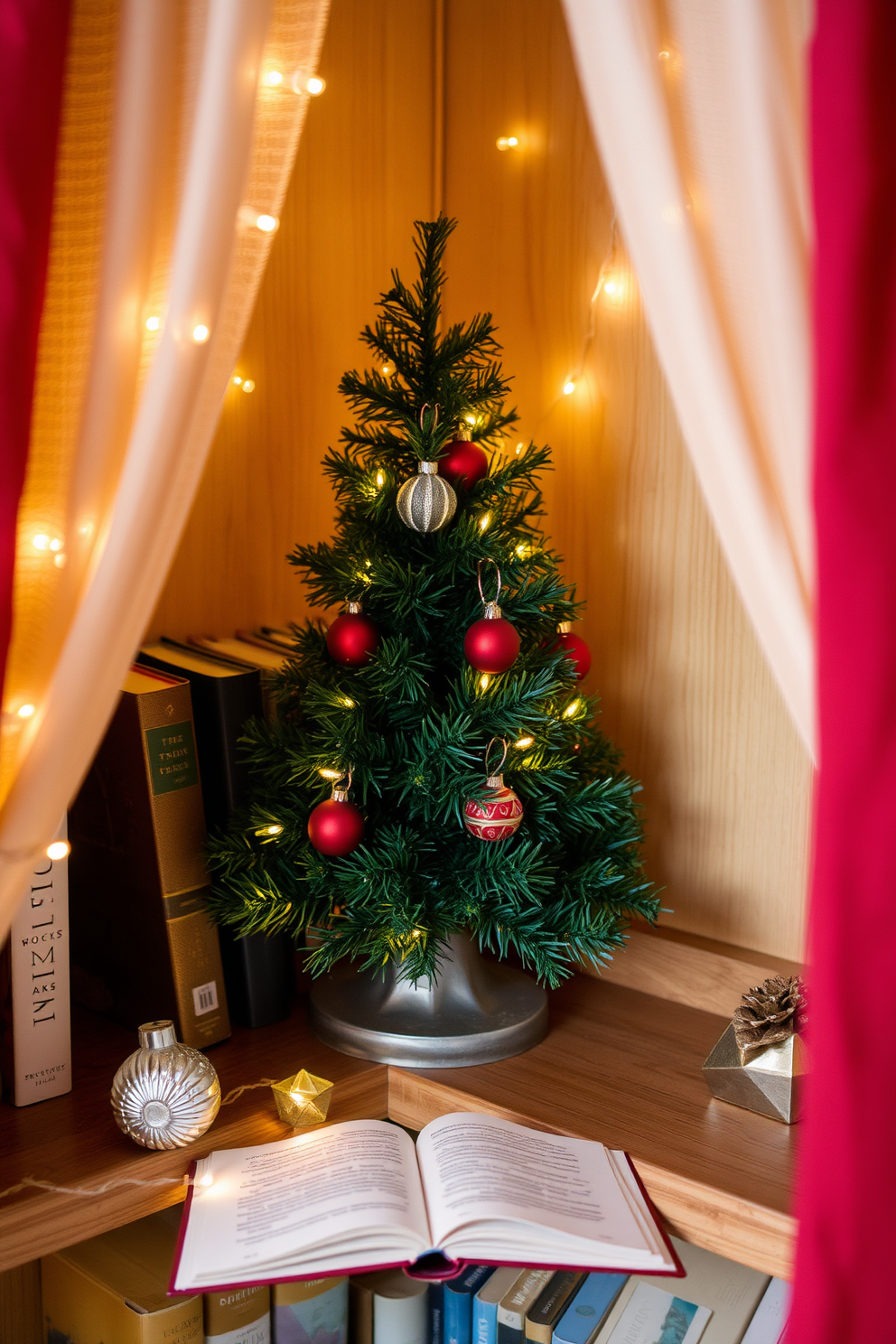 A cozy reading nook adorned for Christmas. A miniature Christmas tree sits on a wooden shelf, surrounded by twinkling fairy lights and festive ornaments.