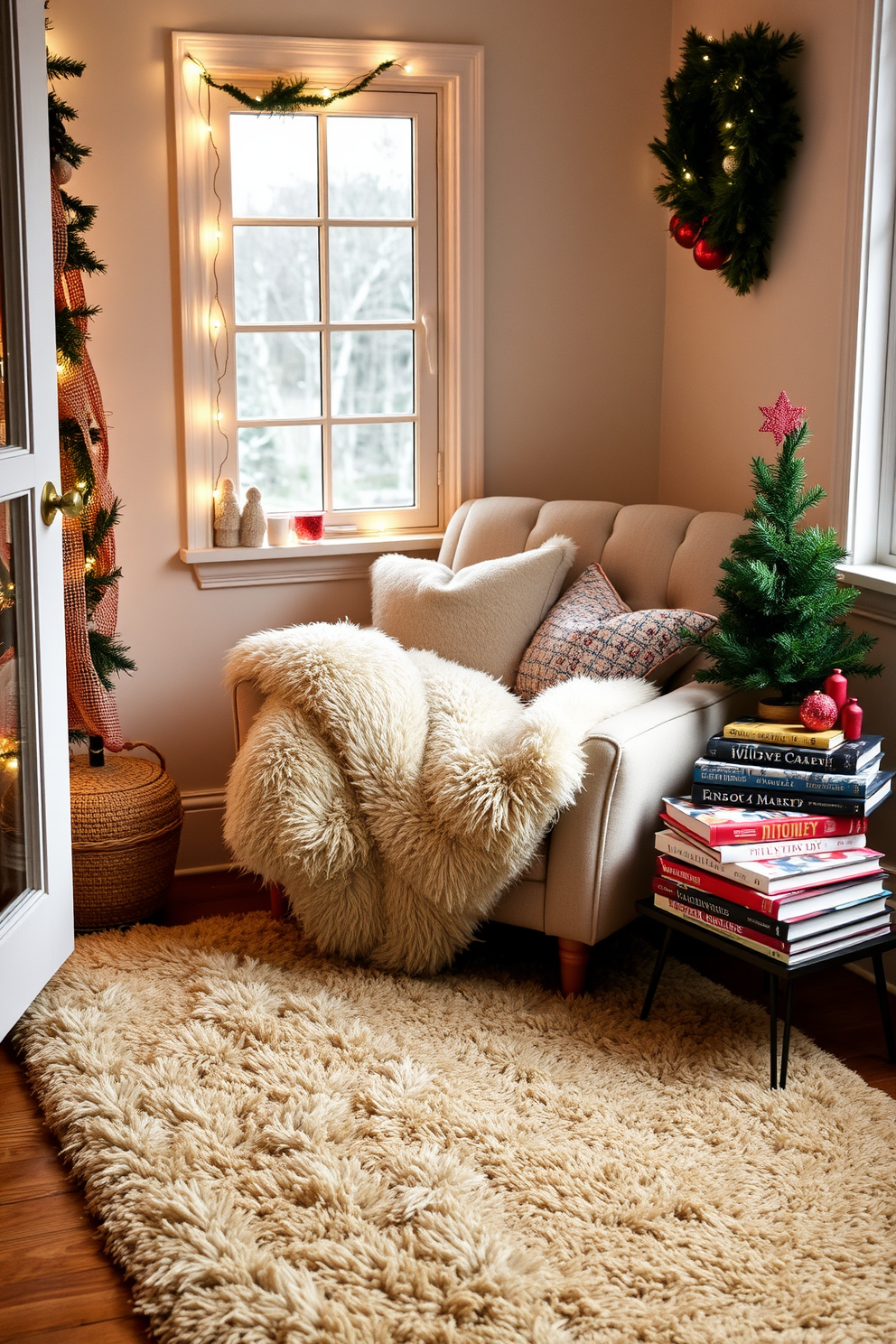 A cozy reading nook featuring a warm wool rug that invites relaxation. Soft cushions are scattered on a plush armchair, creating an inviting space for curling up with a good book. The nook is adorned with festive Christmas decorations, including twinkling fairy lights and a small evergreen tree. A stack of holiday-themed books sits on a side table, enhancing the seasonal charm.