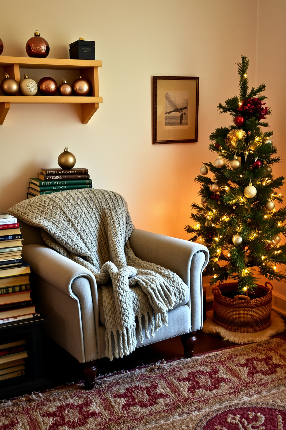 A cozy reading nook adorned with vintage books stacked neatly beside elegant ornaments. Soft, warm lighting casts a gentle glow over a plush armchair draped with a knitted throw blanket, creating an inviting atmosphere. The space is enhanced with festive Christmas decorations, including a small evergreen tree adorned with twinkling lights and delicate ornaments. A rich, textured rug anchors the area, adding warmth and comfort to this charming retreat.