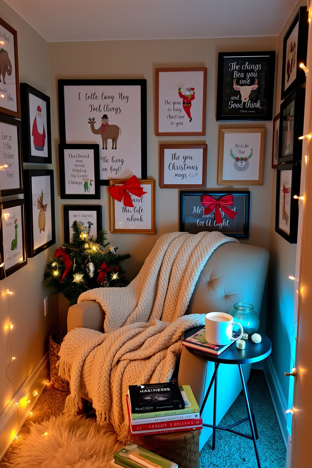 A cozy reading nook adorned with holiday-themed wall art and prints. The walls are decorated with framed festive illustrations and quotes, creating a warm and inviting atmosphere. A plush armchair is nestled in the corner, draped with a soft throw blanket and surrounded by twinkling fairy lights. A small side table holds a stack of holiday-themed books and a steaming mug of cocoa, inviting relaxation and enjoyment.