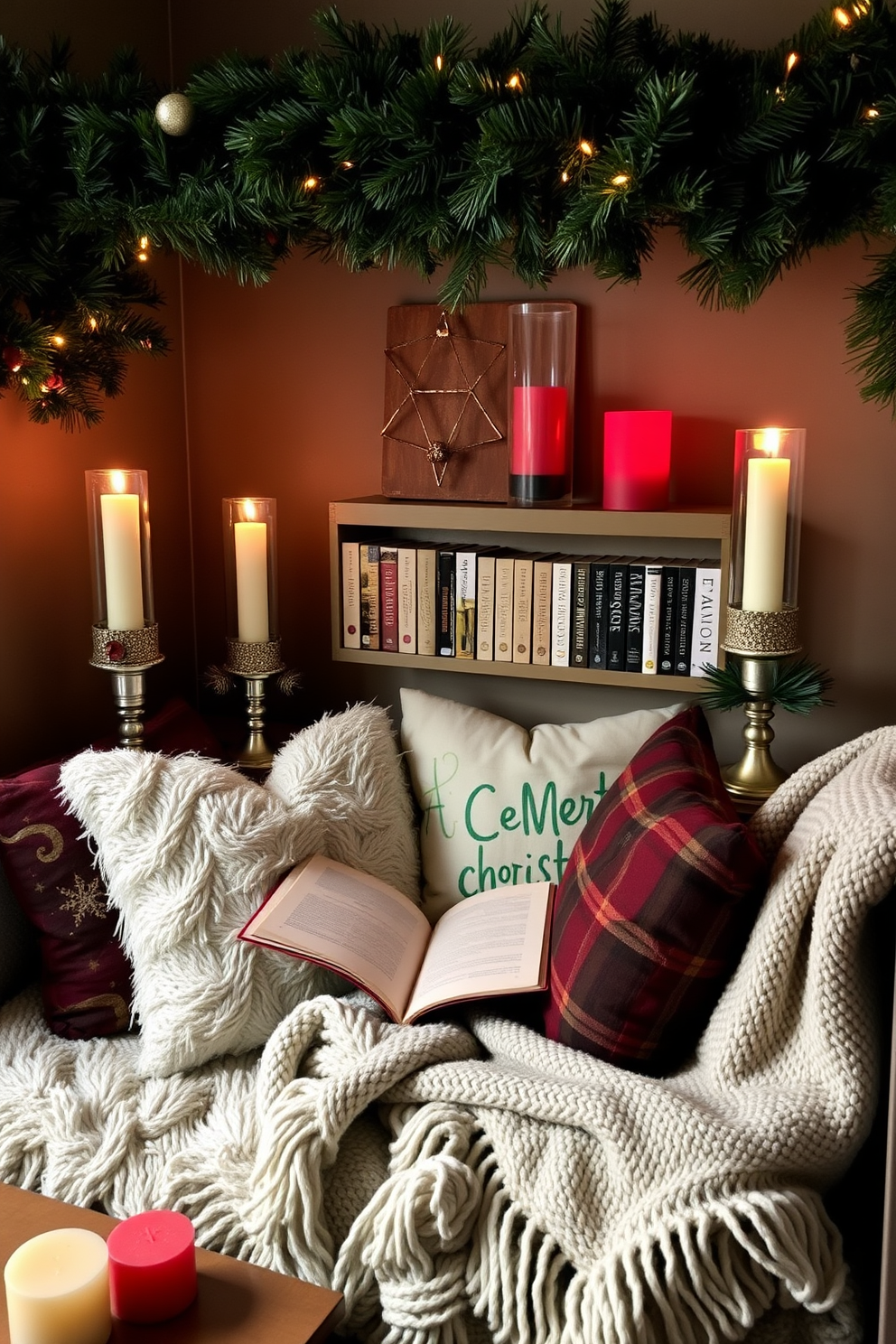 A cozy reading nook adorned with festive candles in decorative holders casting a warm glow. Plush cushions and a soft throw blanket invite relaxation, while a small bookshelf filled with holiday-themed books adds charm.